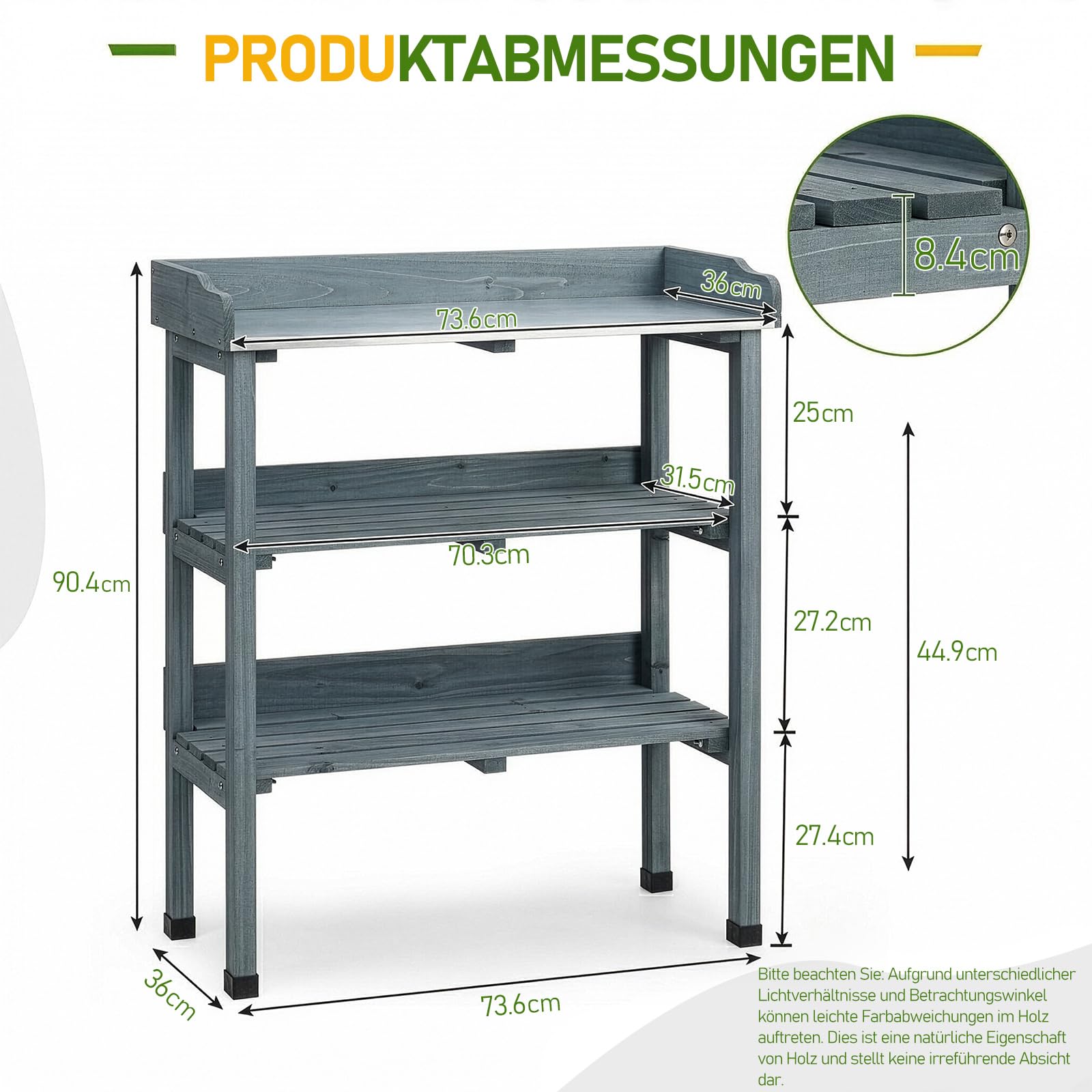 LEADZM Pflanztisch Outdoor wetterfest 74 x 36 x 90 cm - Verzinkte Arbeitsplatte, zweistufiges Regal und 3 Haken, pflanztisch für Garten/Balkon/Terrasse (Grau)