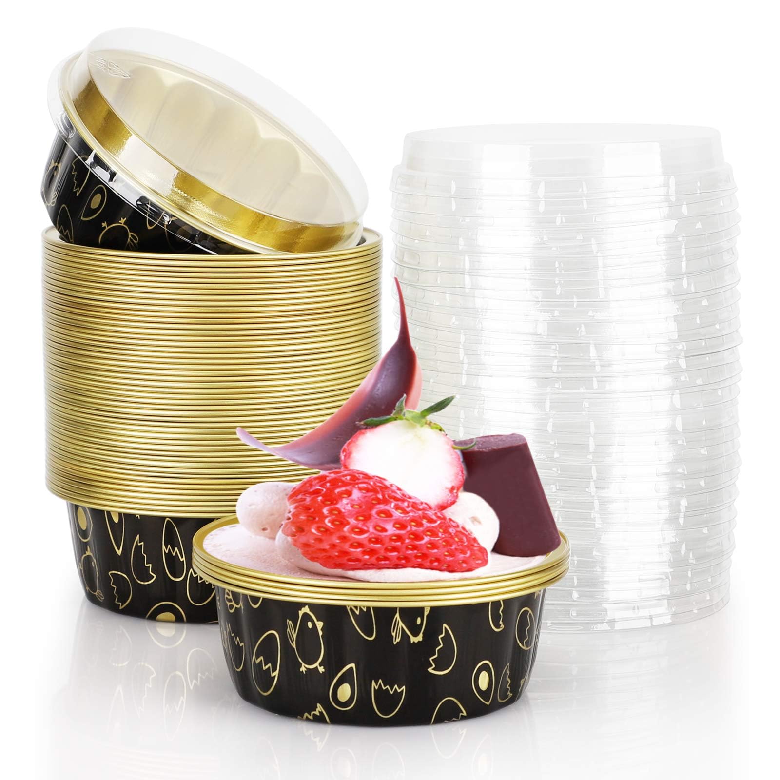 ELECDON 8oz Disposable Cupcake Cups with Lids, 50 Pack Ramekins Foil Cupcake Cups Black Gold Aluminum Foil Creme Brulee Muffin Cupcake Baking Cup Mini Pudding Cake Tins for Party Wedding Birthday