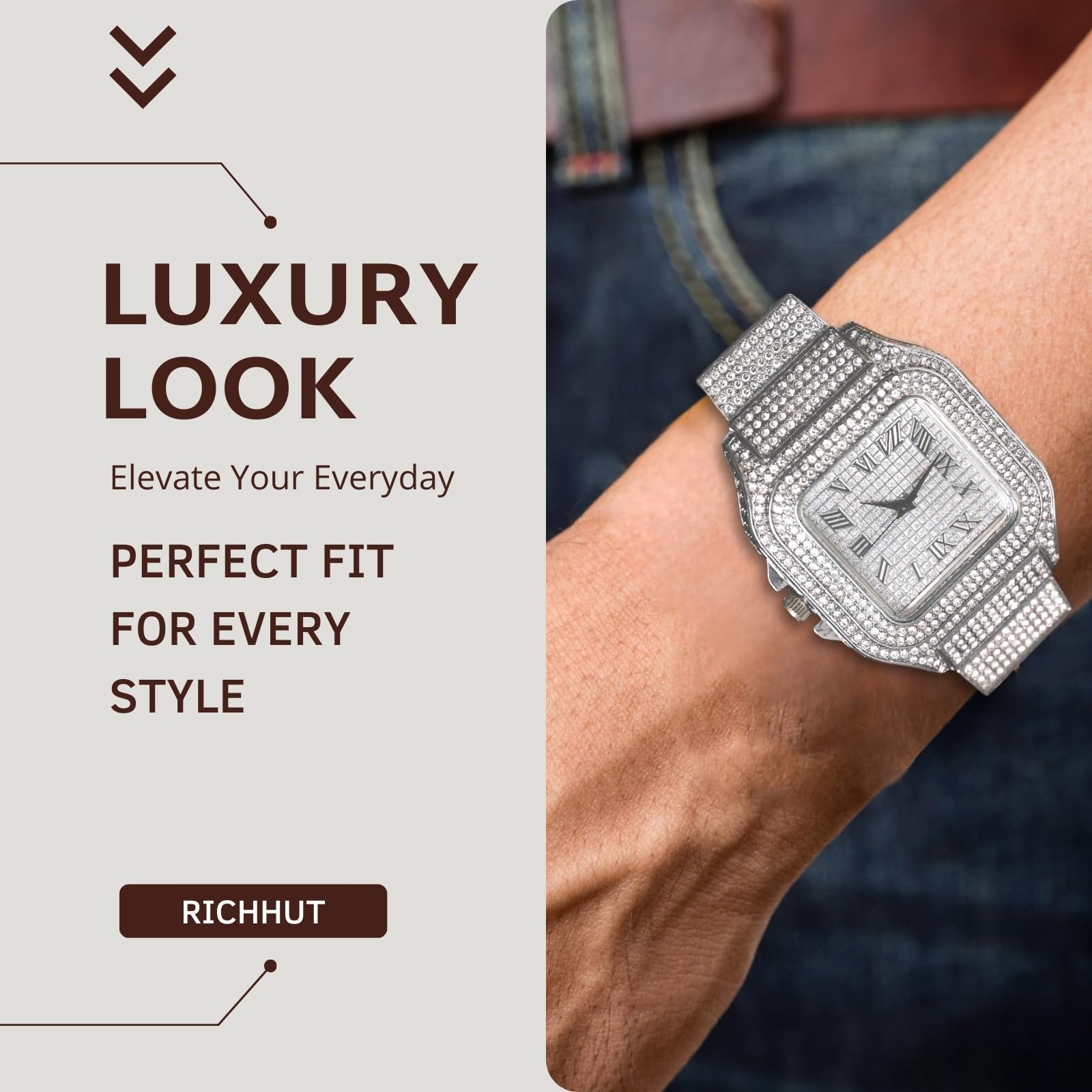 Reloj con Diamantes para Hombre Iced out Correa de 20MM Bañado en Oro Real de 18K/Oro Blanco Platino/Oro Rosa/Rodio Negro, con Cadena Cubana Opcional, Regalo para Novio Esposo