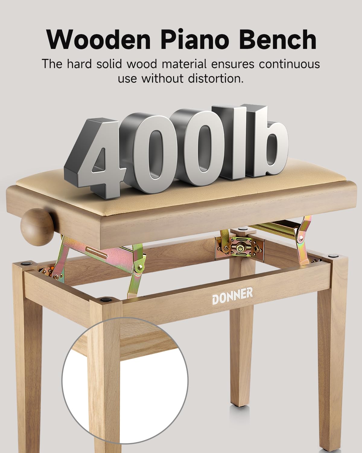 Donner Verstellbare Klavierbank, Klavierstuhlsitz aus Massivholz mit hochdichtem Schwammkissen, Klavierhocker aus Holz mit Metallhebevorrichtungen, Beige