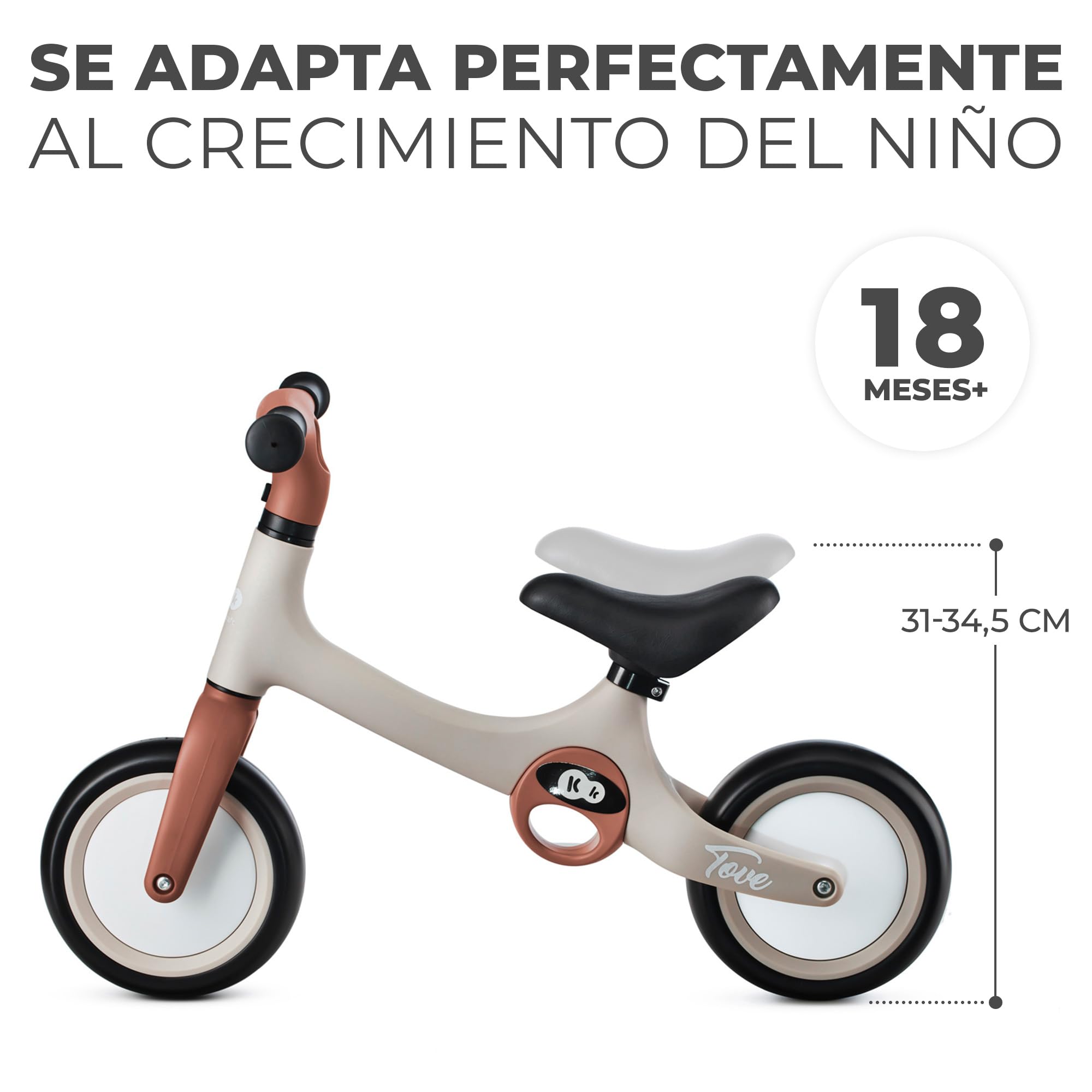 Kinderkraft TOVE Bicicleta sin Pedales, Bicicleta Niño 18 Meses, Bicicleta 2 Ruedas, Bicicleta de Equilibrio, Sillín Ajustable, 25 kg, Beige