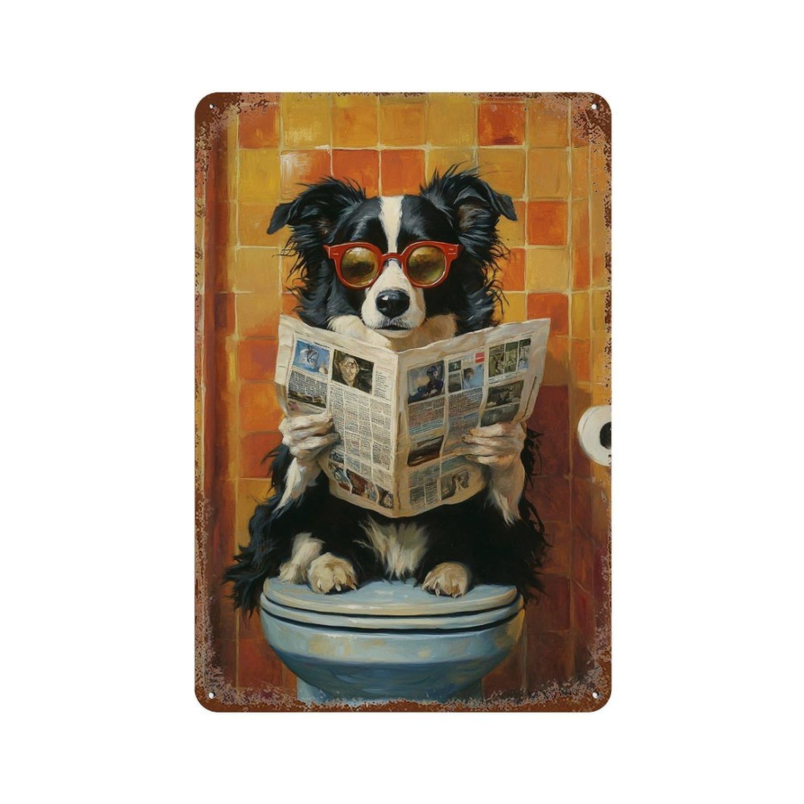 Dog Reading Newspaper on Toilet-19 11.8"x7.9" Vintage Rust Metal Sign, Decorative Metal Wall Art for Bistro, Counter And Cafe Decor