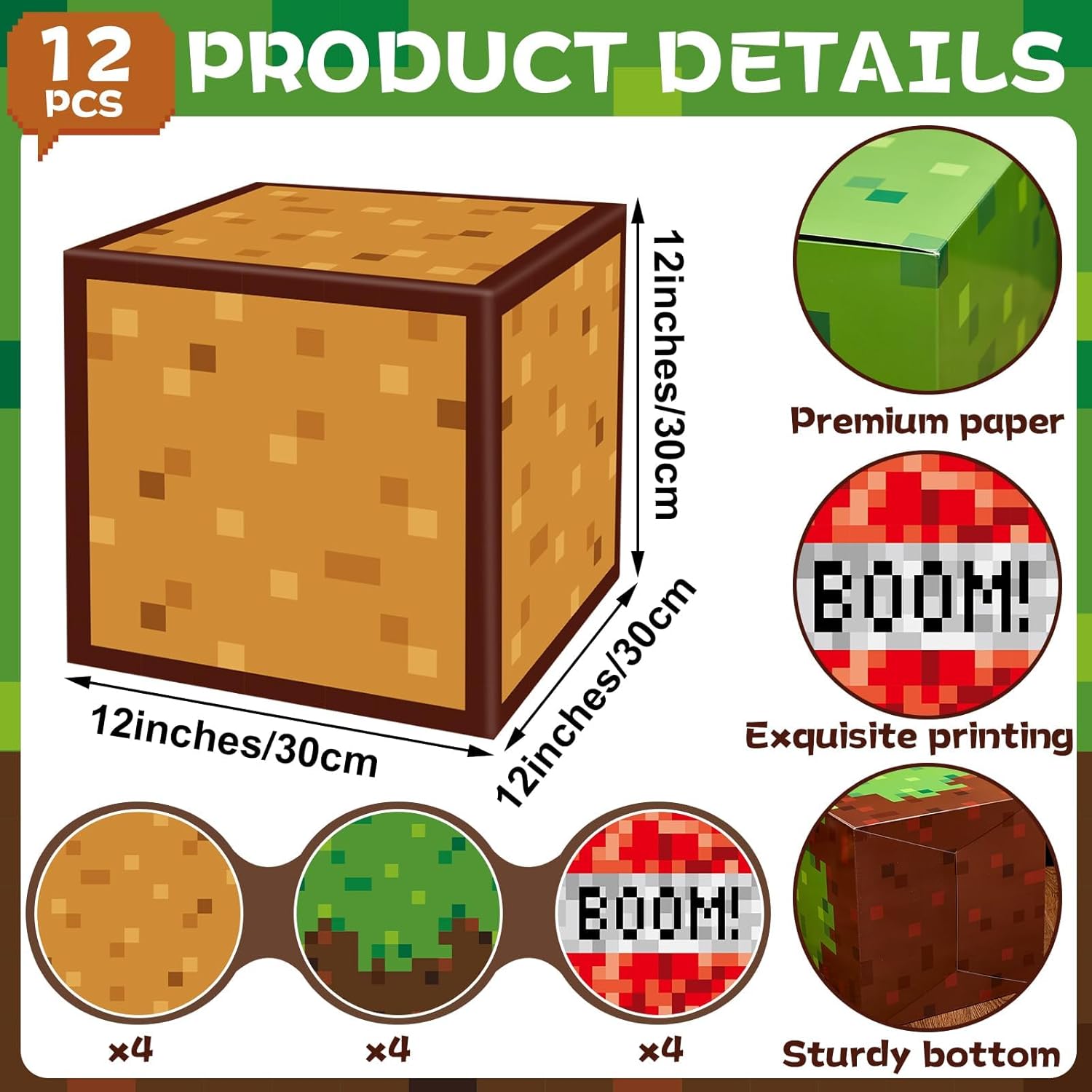12Pieces Large Pixel Mining Party Boxes Video Game Party Decorations Pixel Mining Theme Birthday Parties Supplies Pixelated Video Gaming Centerpieces Boxes for Kid Teen Gift Birthday Parties Favor