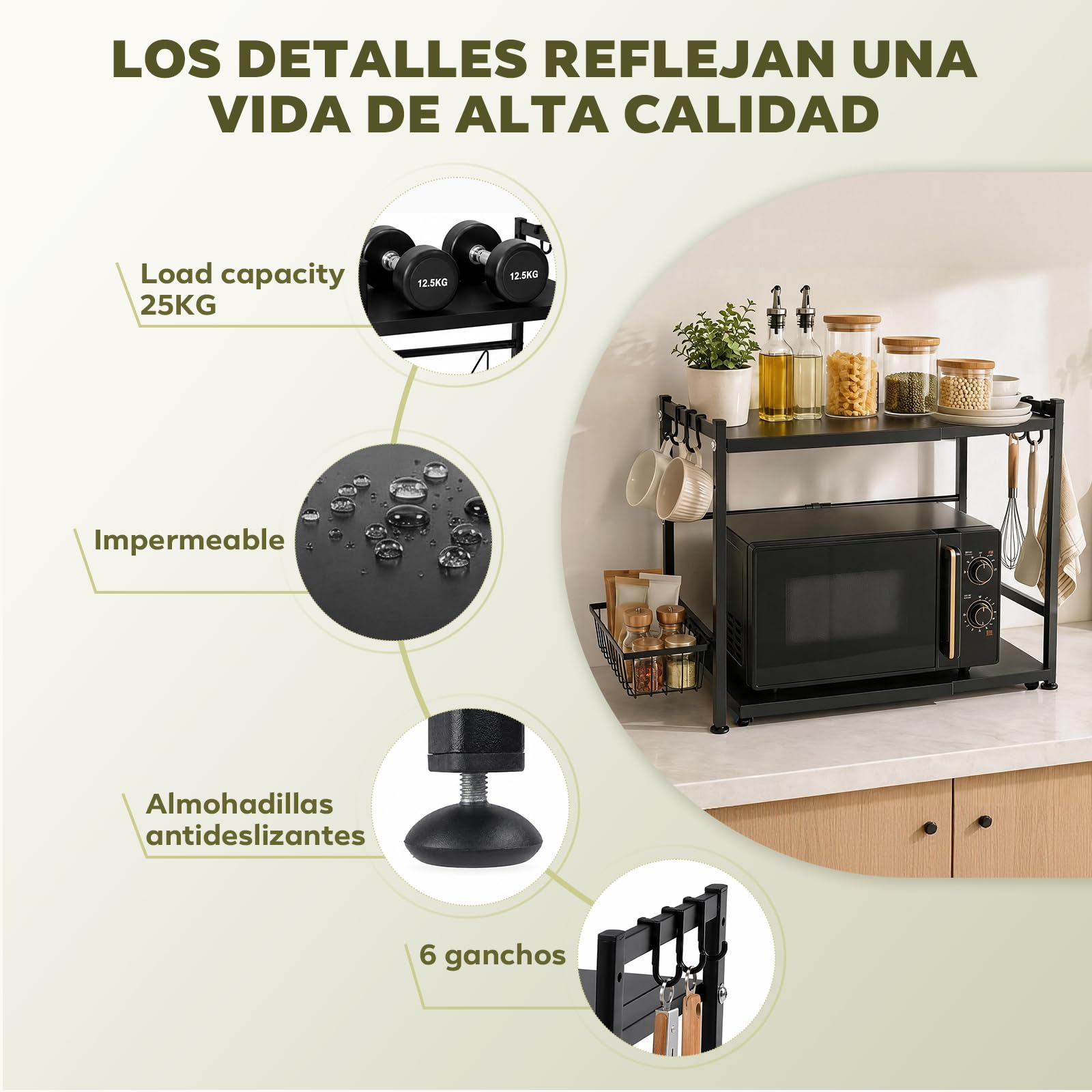 Soporte Microondas Ajustable, Bandeja Extraíble, Cesta & Ganchos | Alta Capacidad De Carga | Protección Antideslizante | Montaje Rápido | Limpieza Fácil | Almacenamiento Seguro
