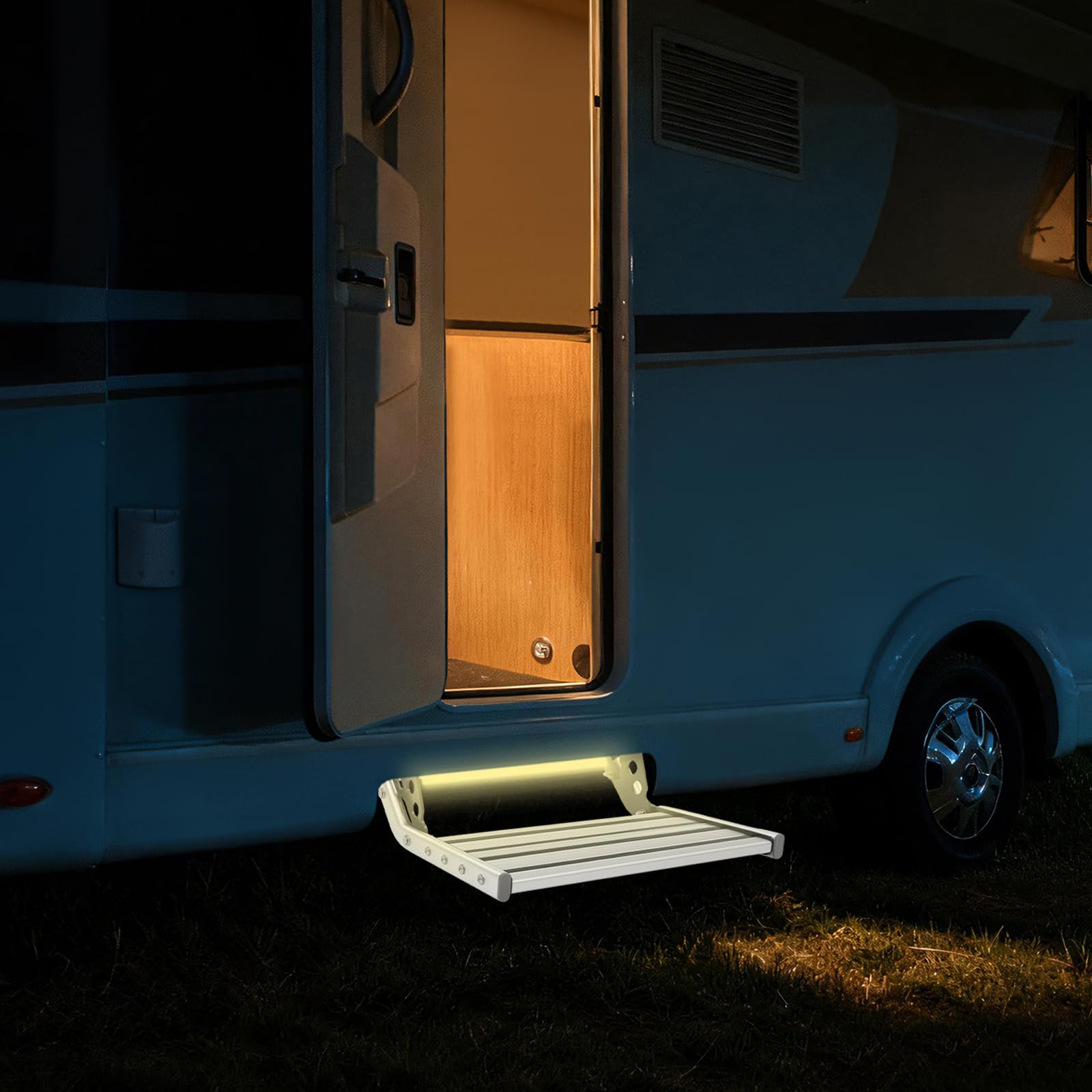 Scalino per camper in alluminio con luce LED, pieghevole, antiscivolo, portata 150 kg, per campeggio e roulotte