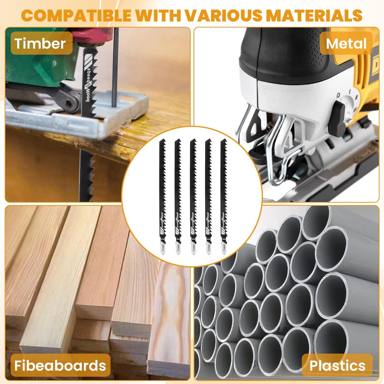 Yuanchu T344D T-Shank Jigsaw Blades, 5 Pcs 6 Inch Long Jig Saw Blades Carbon Steel Jigsaw Tool Accessory for Quick Cutting Thick Construction Softwood Hardwood Wood Core Plywood Chipboards Plastic