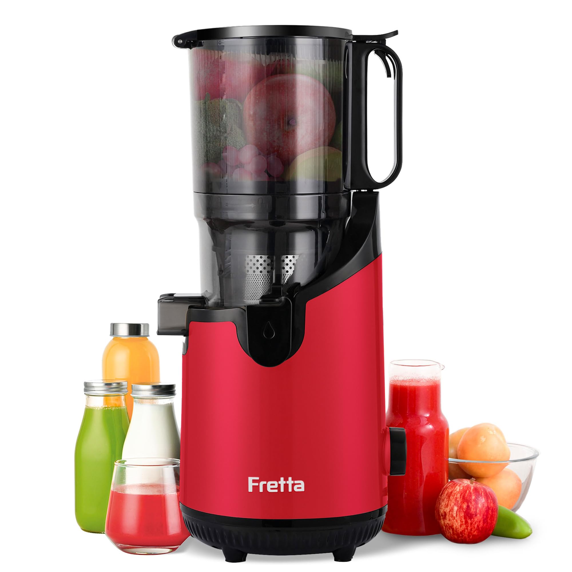 Fretta Cold Press Juicer Machines,Slow Masticating Juicer with 5.3" Extra Large Feed Chute Fit Whole Fruits & Vegetables,Self Feeding Effortless,Tritan PCTG BPA-Free 250W(Imperial Red)