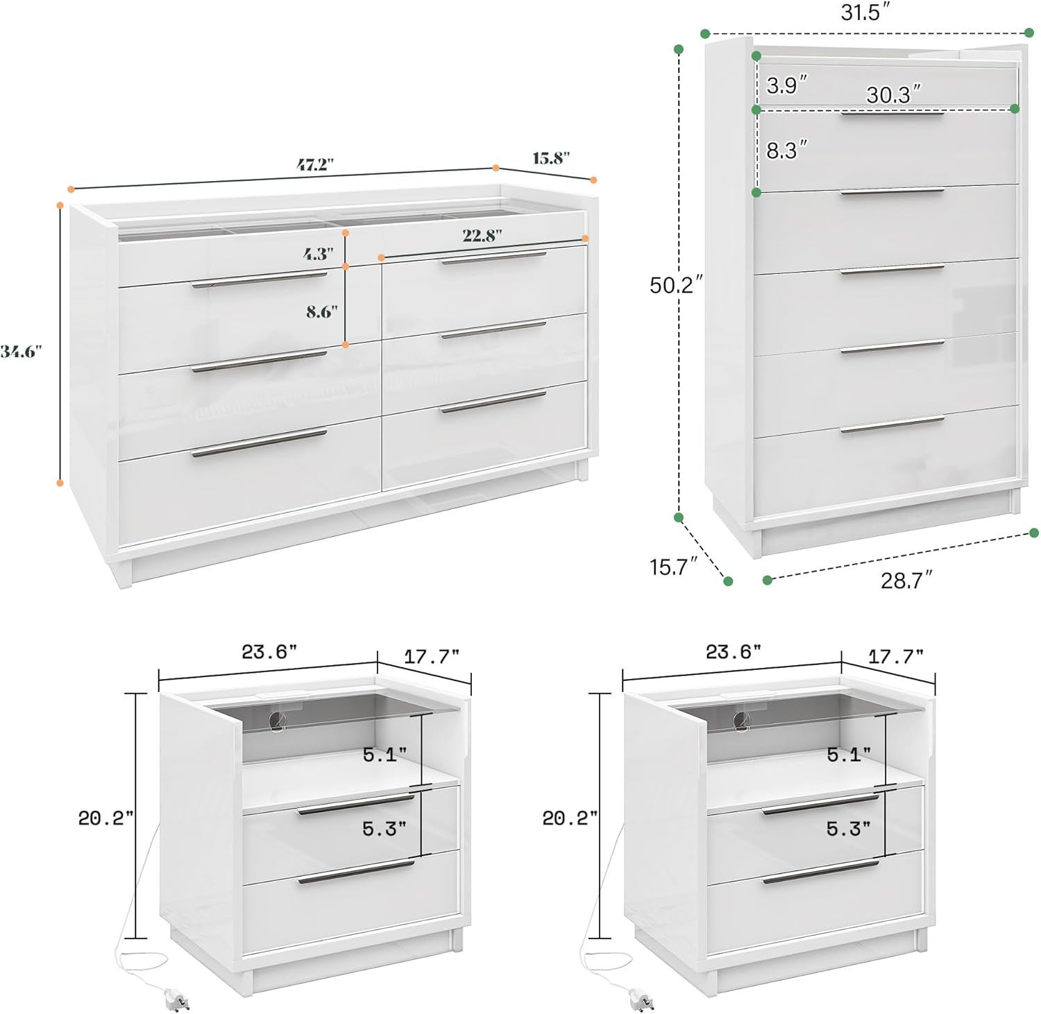 Dimensions of the AMERLIFE 4-Piece Bedroom Furniture Set