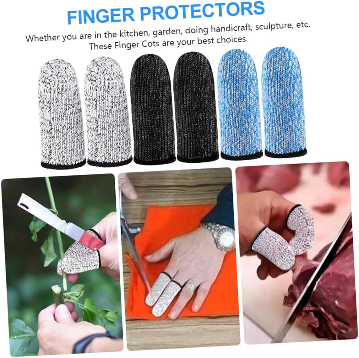 6 Pairs High-Grade Cut Resistant Finger Protective Sleeves for Men and Women Abrasion Resistant Finger Cots with Mixed Colors Gray Blue Black Reusable for Carving and Picking Tasks