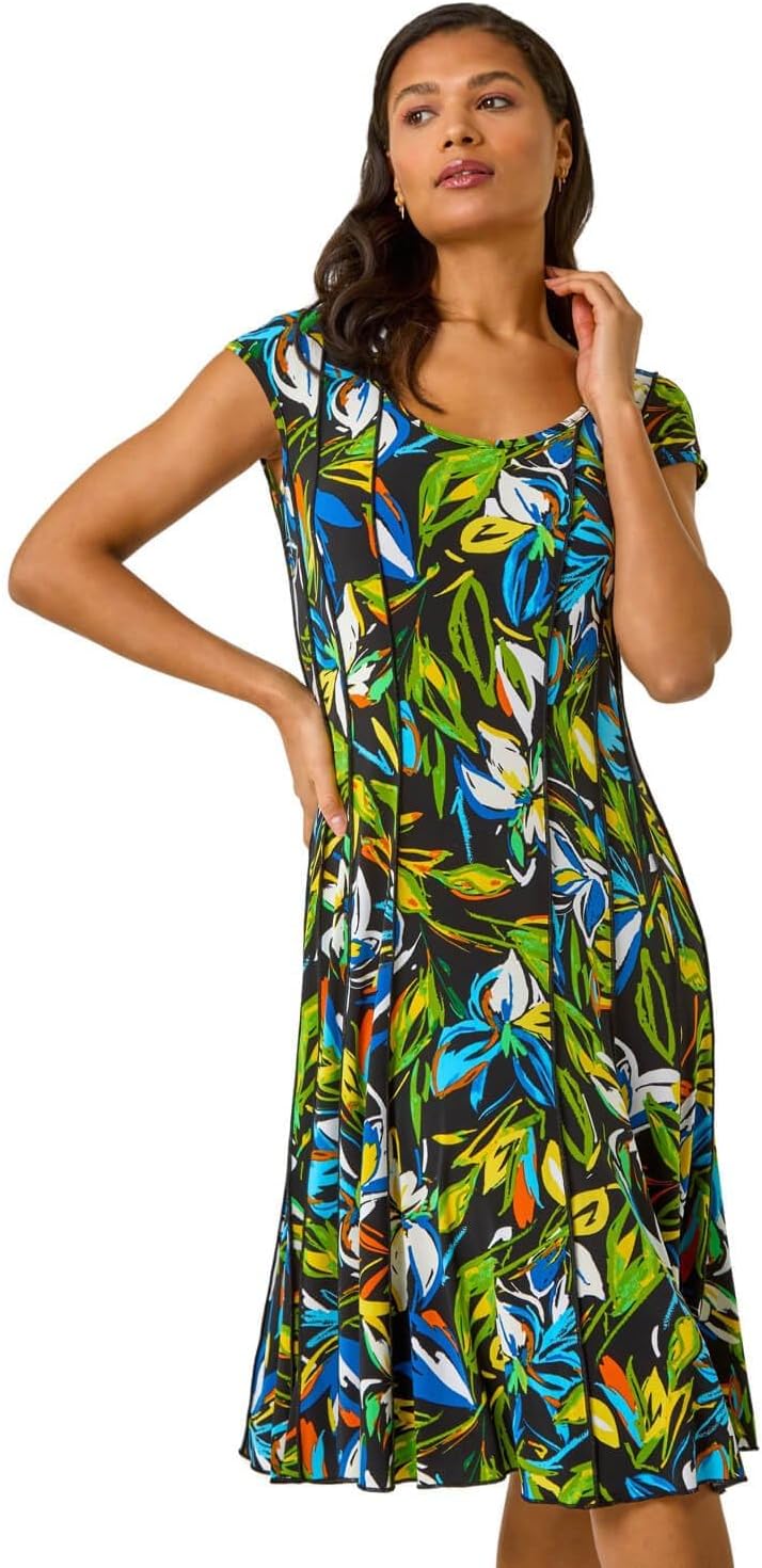 Roman OriginalsPanel Dress for Women UK Ladies Skater Summer Spring Stretchy Fit & Flare Jersey Midi Work Casual Strappy Sleeveless Sweetheart Knee Length A Line Swing