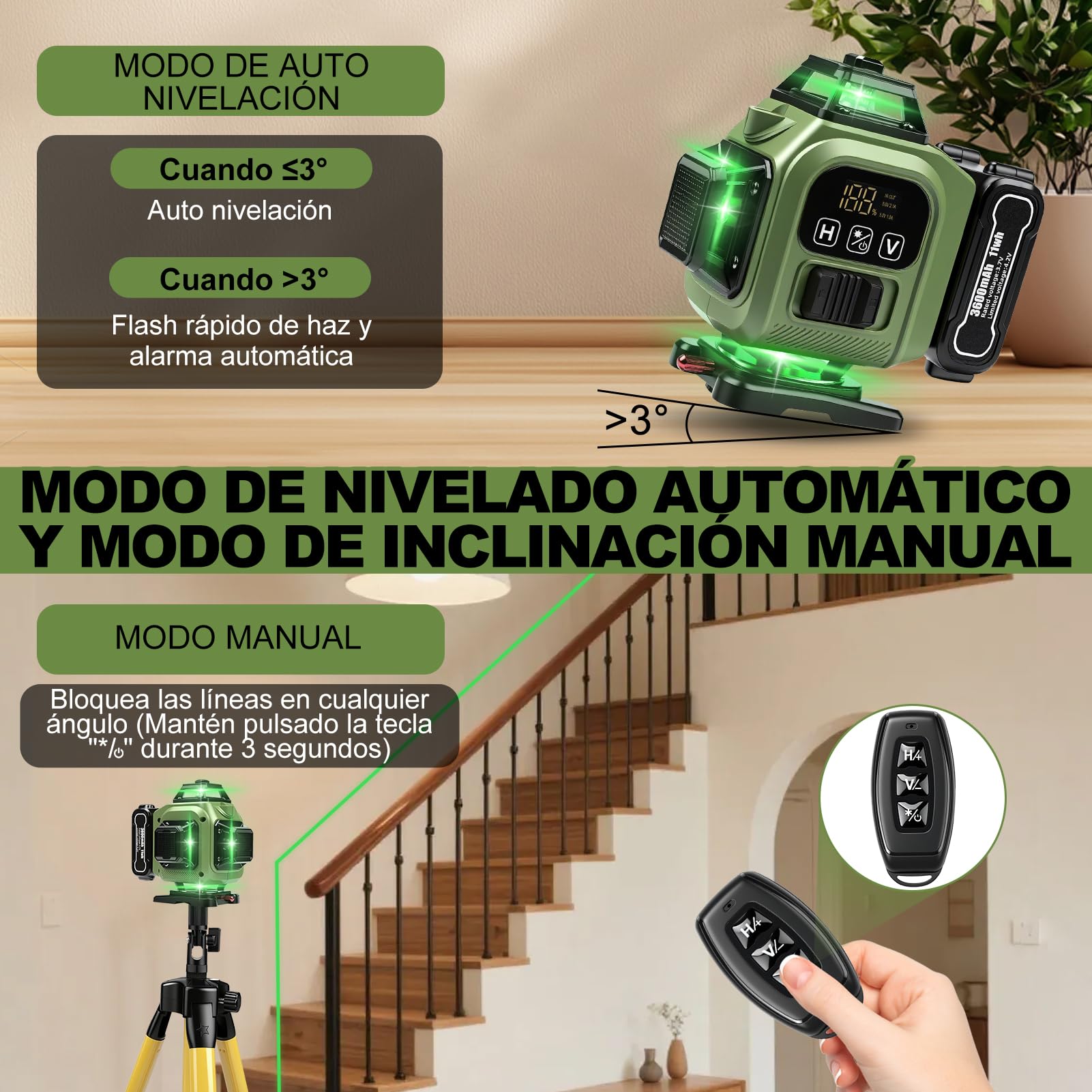 Nivel Láser Autonivelante 360 Grados, Nivel Láser Verde 16 Líneas con Trípode, Nivelador de Líneas Cruzadas Horizontales Verticales, para Obras Construcción, Decoración Hogar