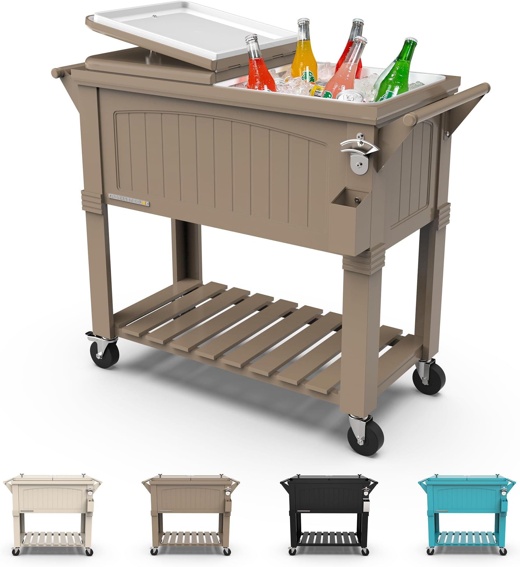 Permasteel 80-Qt Large Antique Patio Cooler with Wheels & Handles, Outdoor Rolling Beverage Cooler Cart with Bottom Storage Shelf, Wood-Style Hard Can Cooler for Outside, Taupe