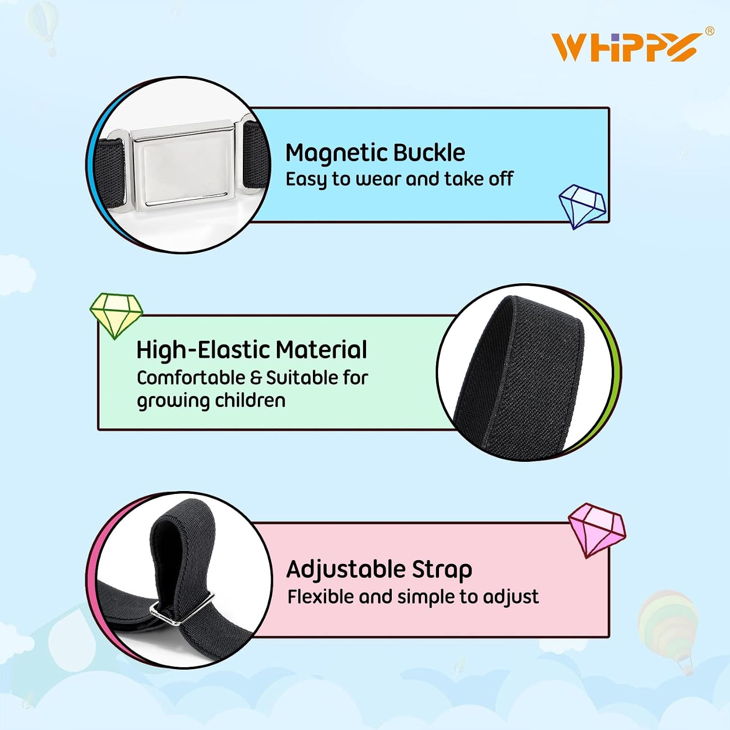 WHIPPY 3 Pack Kids Adjustable Magnetic Belt with Easy Magnetic Buckle for Boys Girls