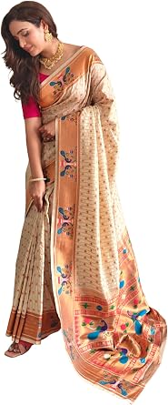 Pure Soft Paithani Silk Saree with Antique Zari, Polka Design, Weaved Pallu, Unstitched Contrast Blouse