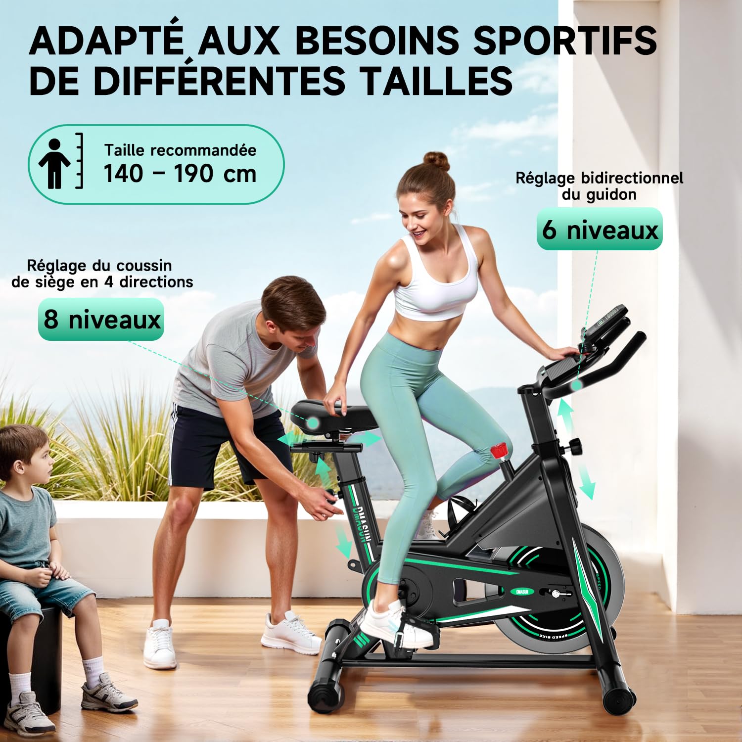 DMASUN Velo d appartement, Vélo d'appartement Silencieux, 0-100% Résistance Réglable, Vélo d'intérieur pour Entraînement Cardio avec Écran LCD, Support pour Tablette, Siège Confortable, Capacité 160kg