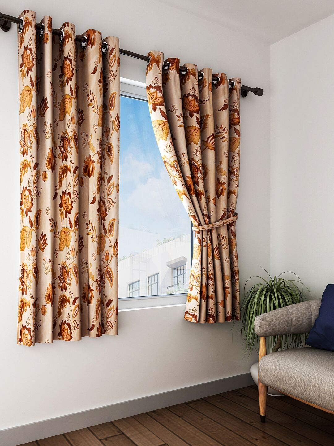 Home Spark Lotus 2 Pieces Polyester Brown Window Curtains - 5 feet