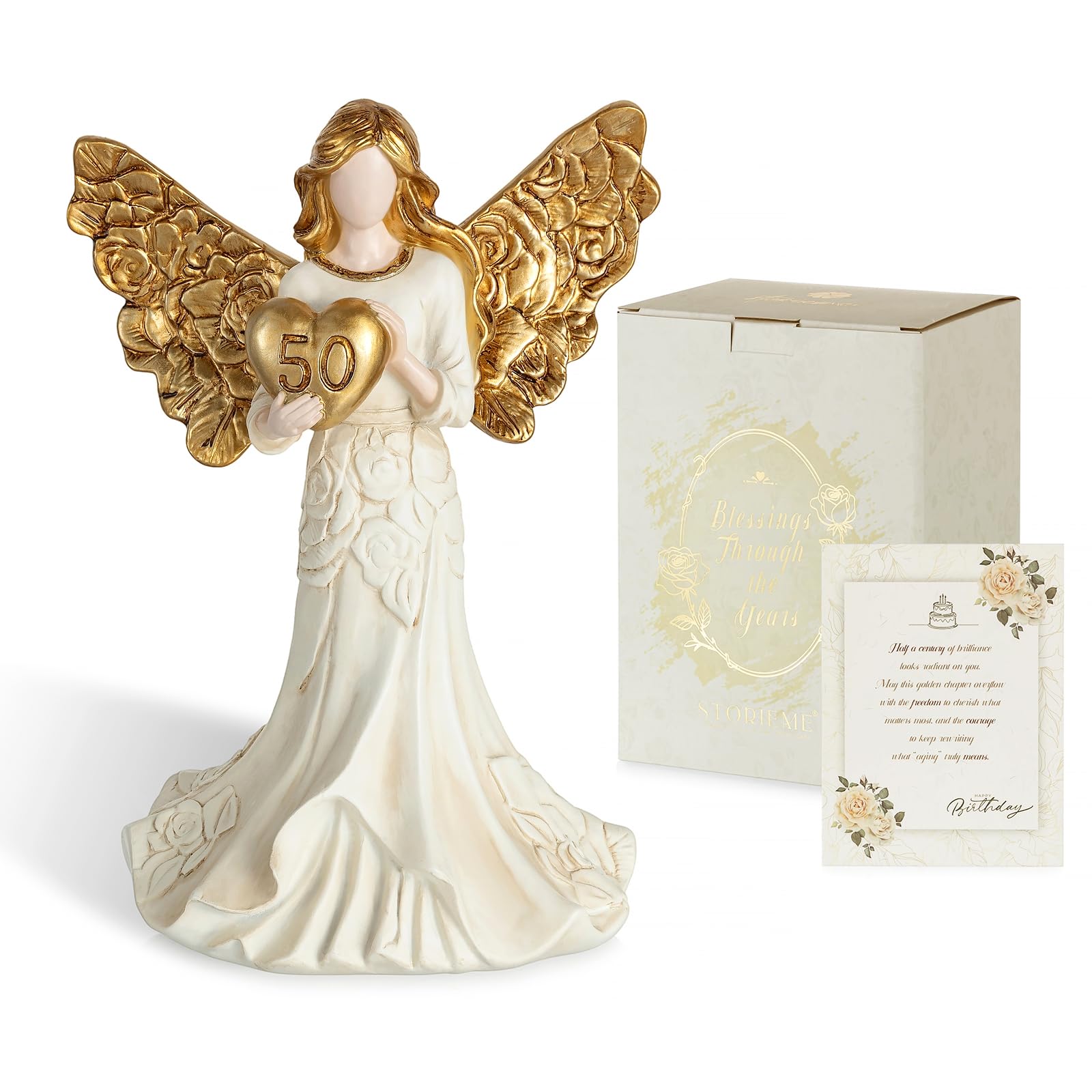 Storieme 50th Birthday Gifts for Women: Happy Birthday Present for Woman Mum Wife Sister Friends - Turning 50 Gold Accent Angel Figurine - Ideal Golden