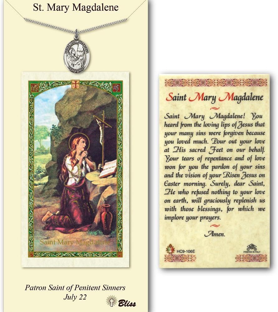 Bonyak Jewelry Pewter St. Mary Magdalene Medal on an 18 inch Lite Curb Chain with a Prayer to St Mary Magdalene Prayer Card.