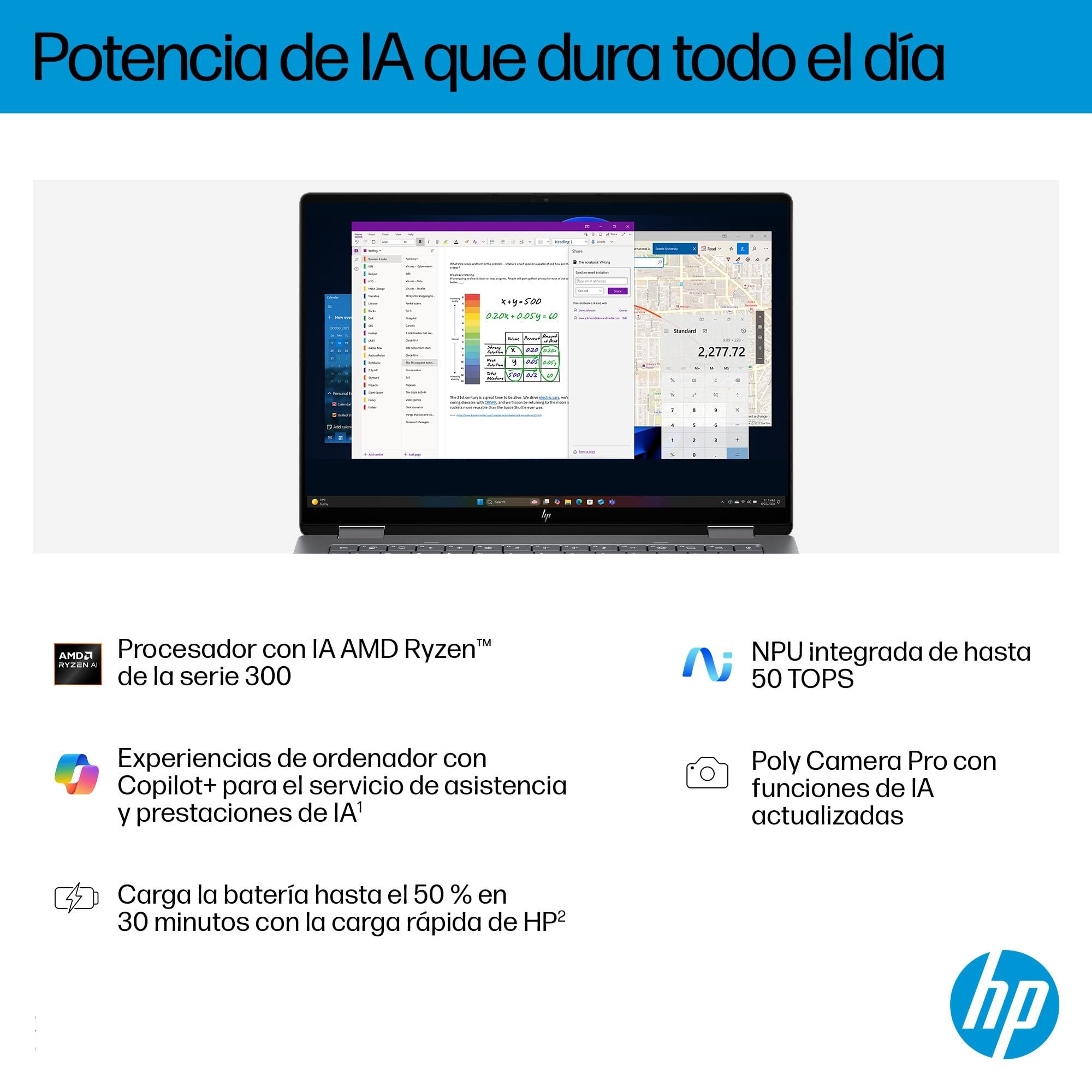 HP Omnibook X Flip - Ordenador portátil Convertible de 14" 3K OLED táctil Ryzen AI 7 350, 32GB RAM, 1TB SSD, AMD Radeon 860M Graphics, Windows 11 Home Silver - Teclado QWERTY Español
