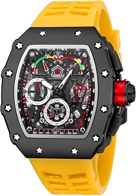 Gosasa Mens Unique Punk Bling Iced Out Dress Watches Tonneau Rectangle Watches for Men Waterproof Analog Chronograph Sports Work Mens Wrist Watch Luminous Silicone Band