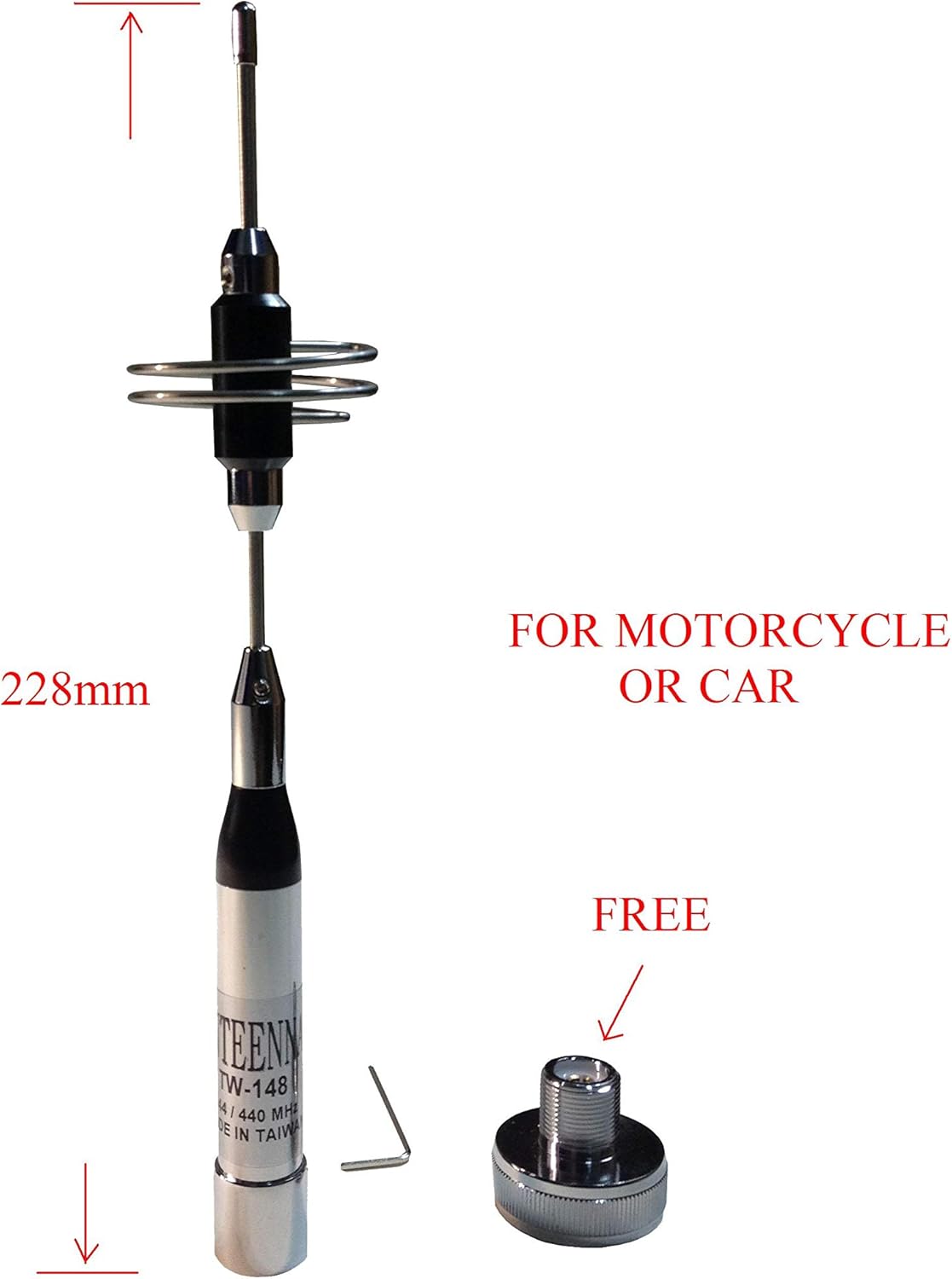 TW-148 Ham Mobile Antenna Or Motorcycle with UHF Male Connector 144/440MHz VHF/UHF 2m/70cm Max Powr 100W 1 PC Free White Color of Adaptor Connector NMO to UHF Female (SO-239)