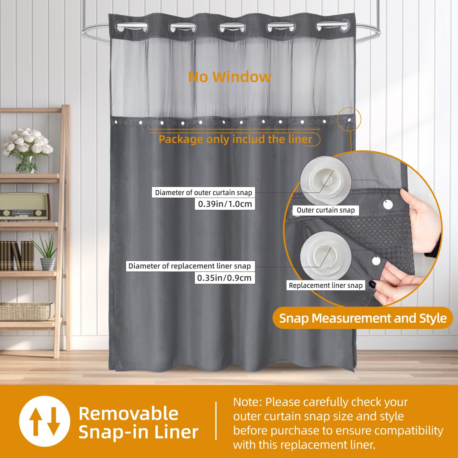 eachope 1 Pack Fabric Snap-in Shower Curtain Liner Replacement,Compatible with No Hook Shower Curtain with Snap in Liner, Removable & Water-Repellent,Machine Washable,70x54,Grey