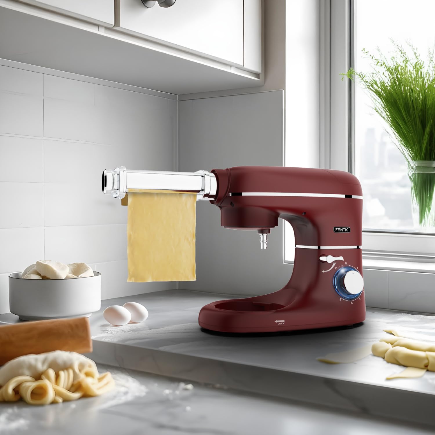 Planetarna mikser z maszyną do makaronu - 2000 W, robot kuchenny z maszyną do świeżego makaronu, maszynka do makaronu, 6,2 l, miska ze stali nierdzewnej (czerwona)