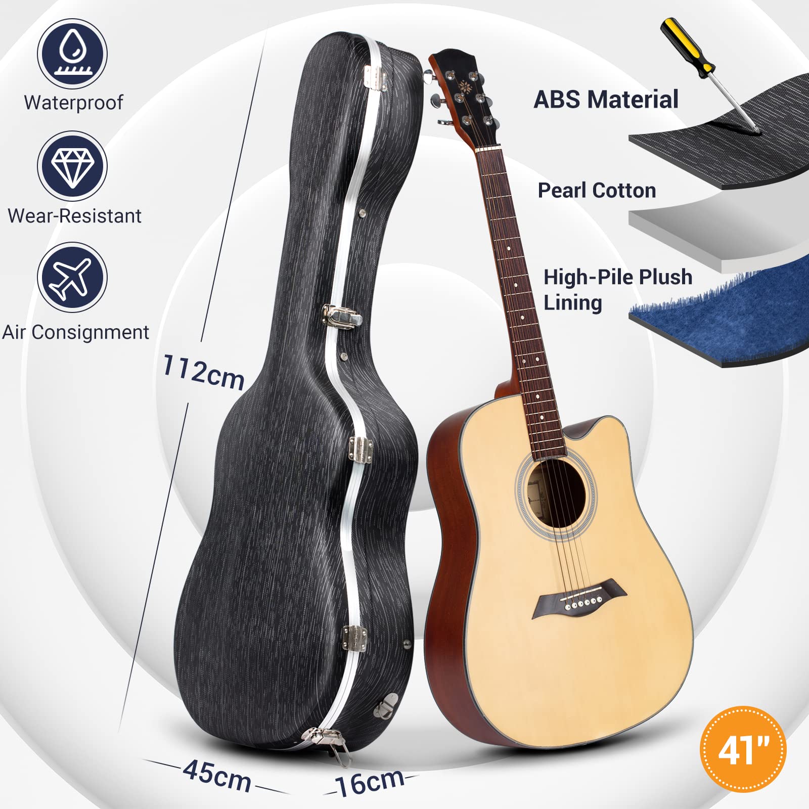 CAHAYA Akustikgitarre Koffer schwarzem Gitarrenkoffer ABS Wasserdichter Hartschalenkoffer 1,5 cm Dicke Polsterung geeignet für 41 Zoll Gitarre