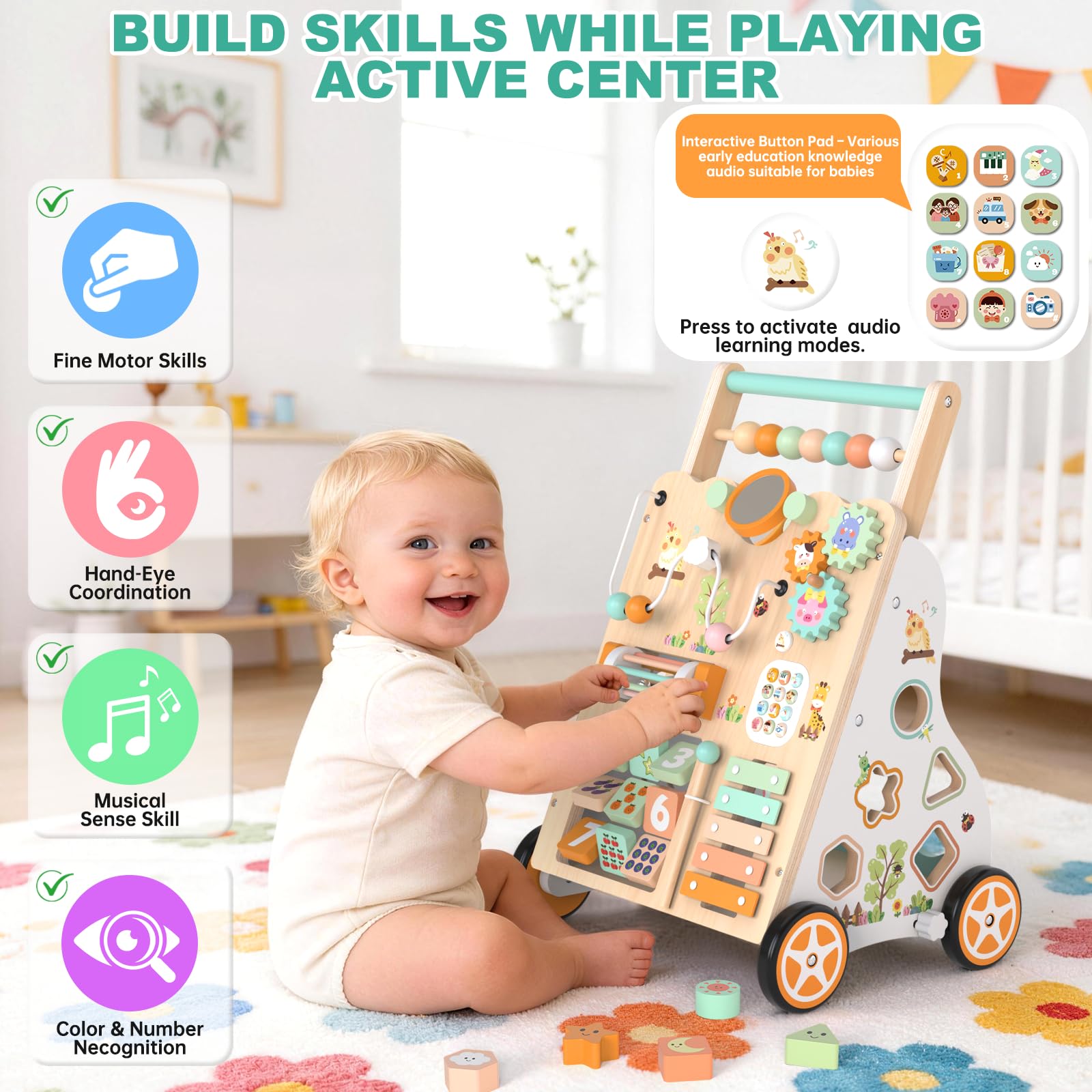 Andador de madera para niños 12+ meses, caminador Montessori con centro de actividades, laberinto de cuentas, clasificador de formas, xilófono y juego de pesca, altura y velocidad ajustables