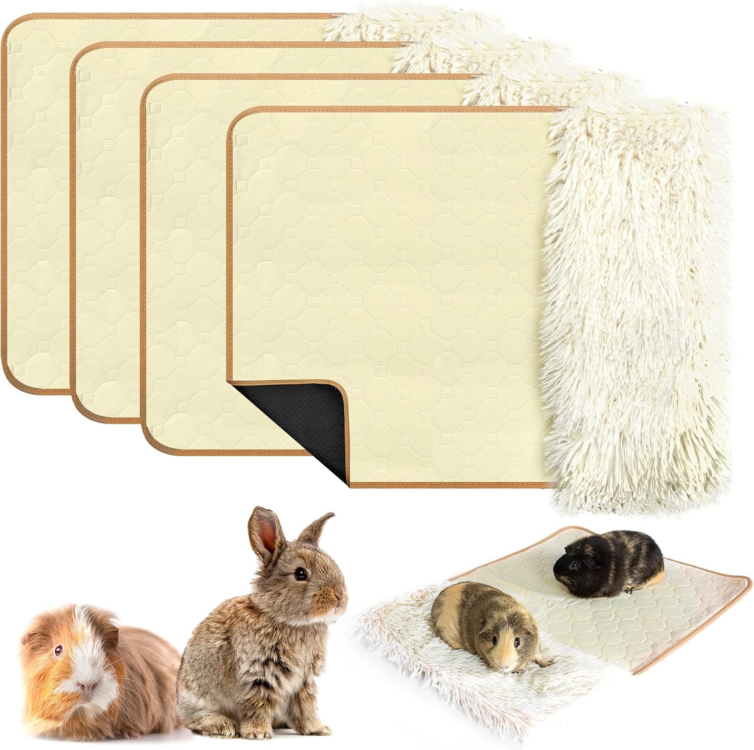 Plush Guinea Pig Cage Liners, 4PCS Guinea Pig Bedding Pads 24x18, Washable & Reusable Guinea Pig Super Absorbent Pee Pad for Rabbit Hamster Chinchilla Bunny Rat or Other Small Animal Beige Plush- 24x18