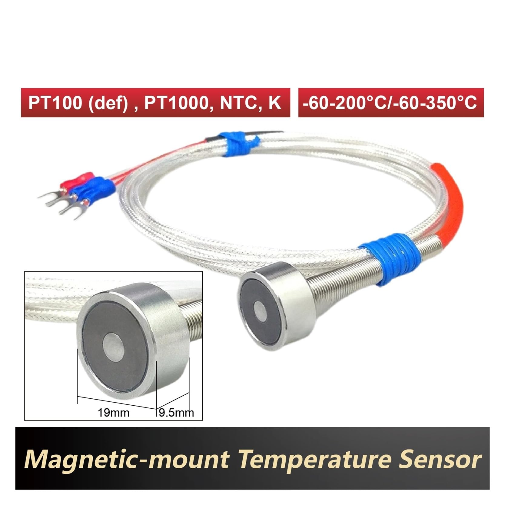 Capteur de température Sonda de sensor RTD de termopar tipo K PT100 magnético de acero inoxidable for montaje en superficie(-60-350-Pt100-5m)