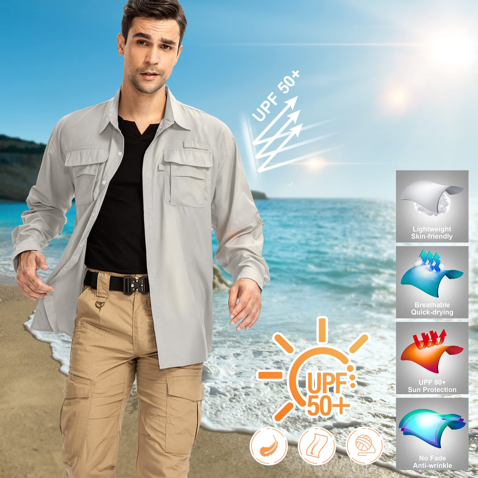 yeyity Camisa de hombre manga larga Safari UPF50 con protección UV transpirable botones para senderismo pesca trekking