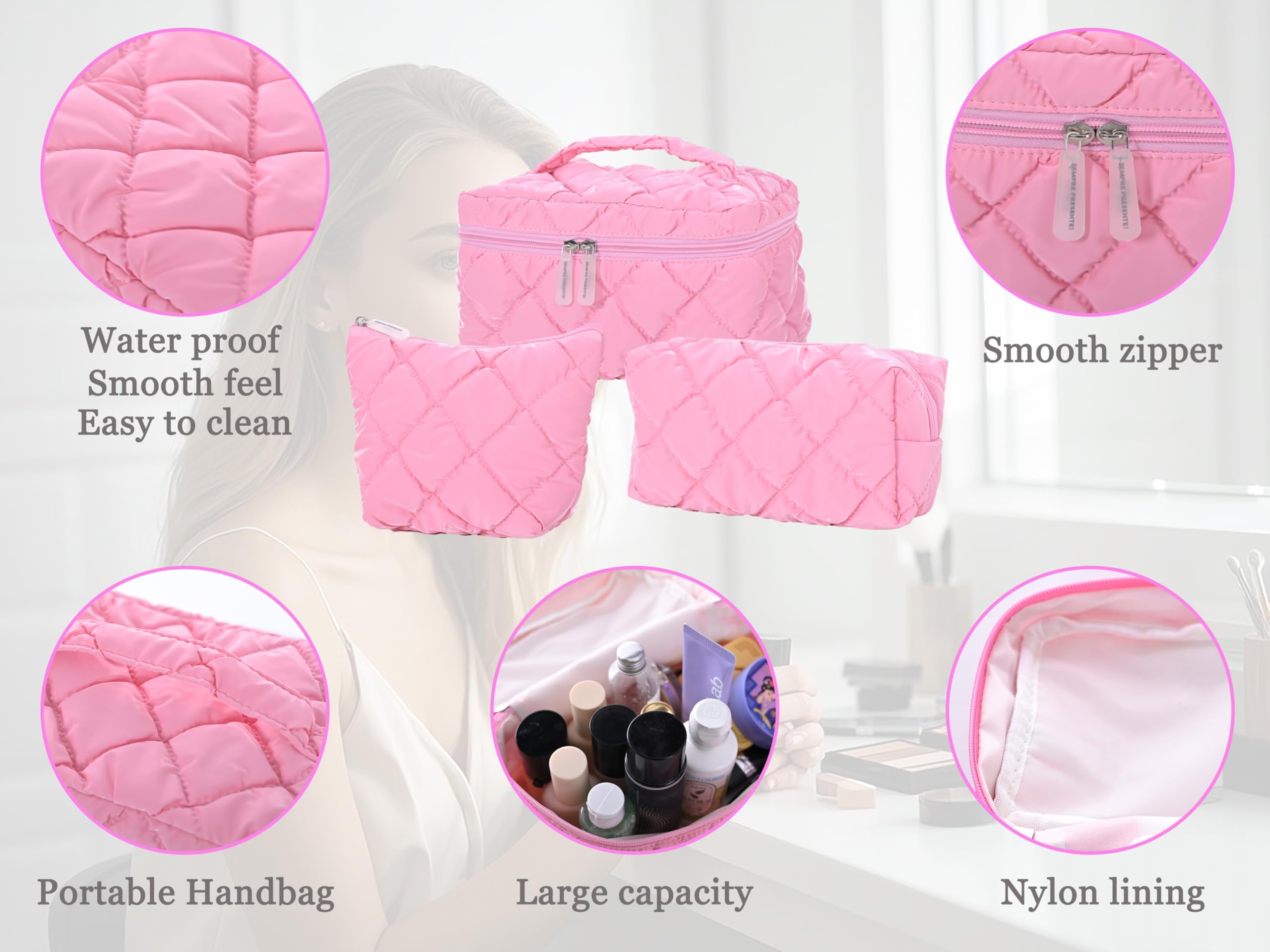 3Pcs Makeup Bag Set,Travel Portable Large Down Water Proof Cosmetic Bags for Women,Bathroom Coquette Toiletries Organiser - Image 4