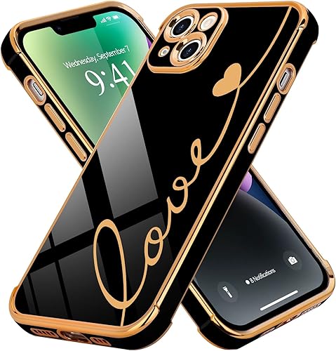 LCHULLE Funda compatible con iPhone 14, bonita funda de lujo chapada en letras de amor, funda de TPU suave, a prueba de golpes, antiarañazos,