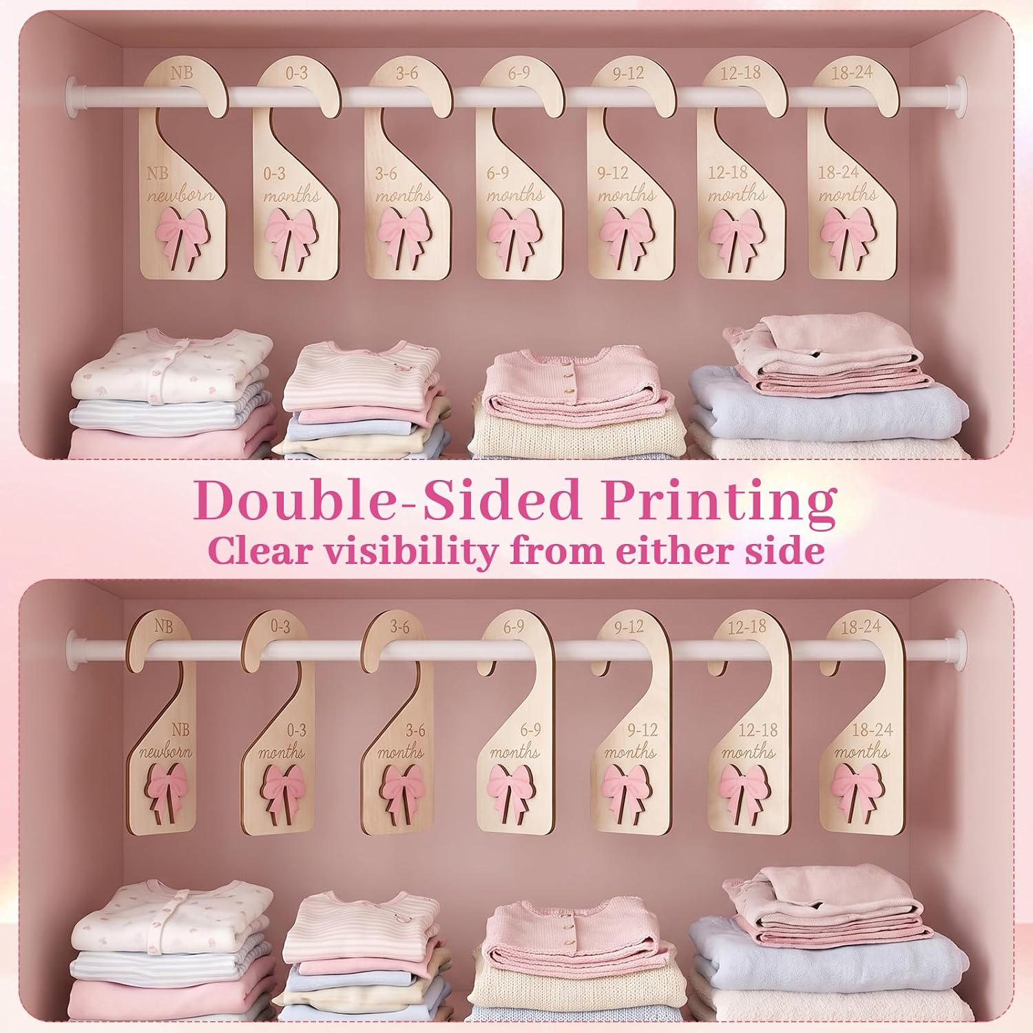 Wooden Baby Closet Dividers Set of 7, Double-Sided Coquette Baby Clothes Dividers for Closet Organizer Newborn to 24 Months Pink Bow Nursery Hanger Nursery Decor Newborn Clothes Size Organizer (7 PCS)
