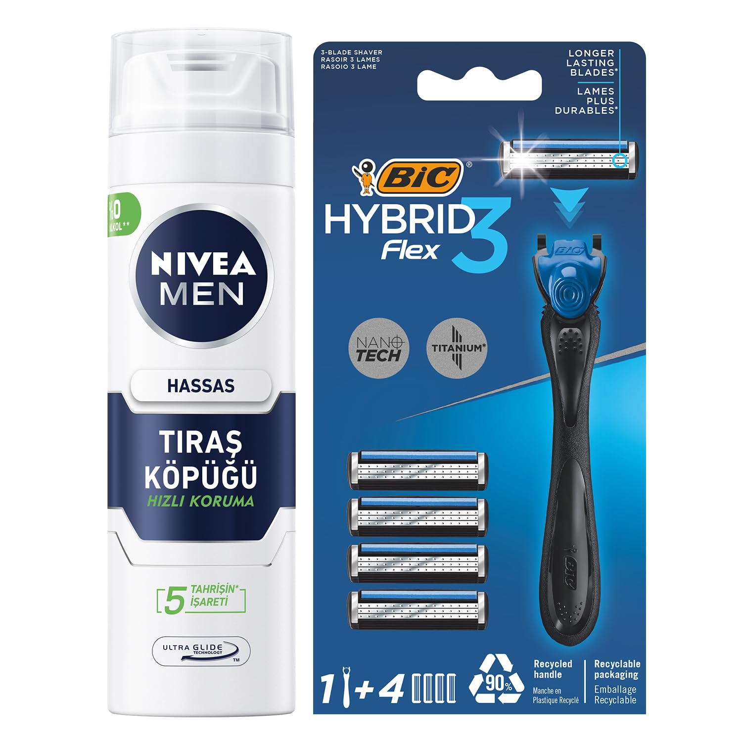 NIVEA MEN Erkek Hassas Tıraş Köpüğü 200 ml + BIC Hybrid 3 Flex Erkek Tıraş Bıçağı 1 Sap ve 4 Yedek Başlık (3 Bıçak)