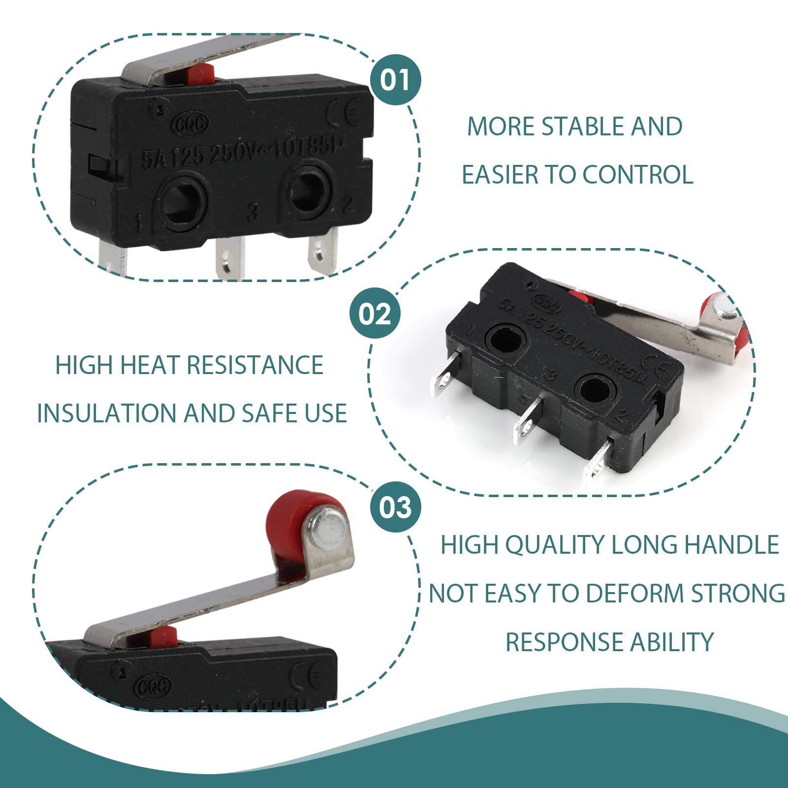 10 Pièces Micro Switch avec Levier à Rouleau, Micro Interrupteur Fin de Course SPDT 250V 5A, Interrupteur 3 Broches COM NO NC, Contacteur Unipolaire Bidirectionnel Miniature pour Automatisation