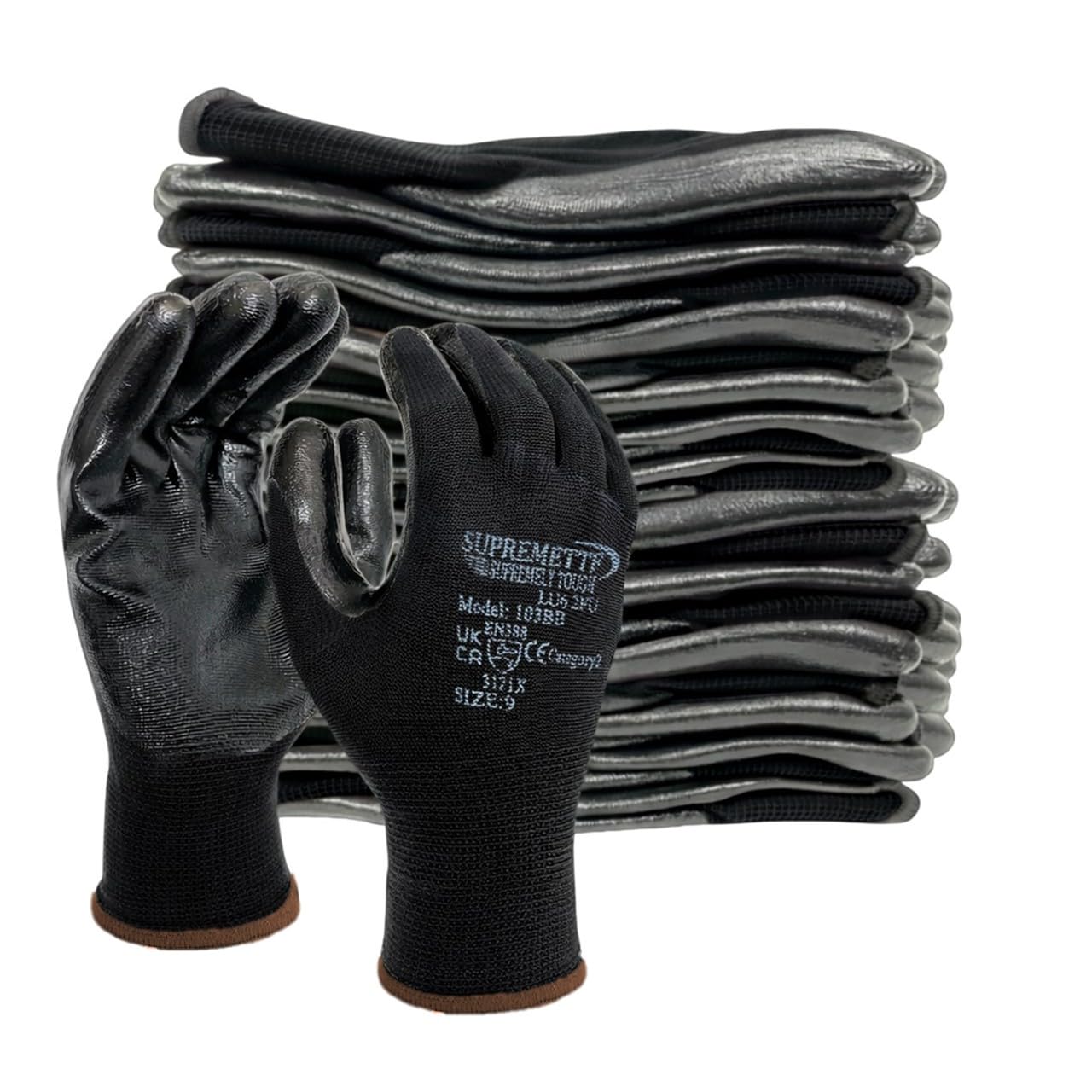 Supreme TTF 240 Pairs NITRILE COATED Red Black White Work Gloves Automotive Builders Mechanic Constructions Gardening GRIP (Black Black, Large [9])