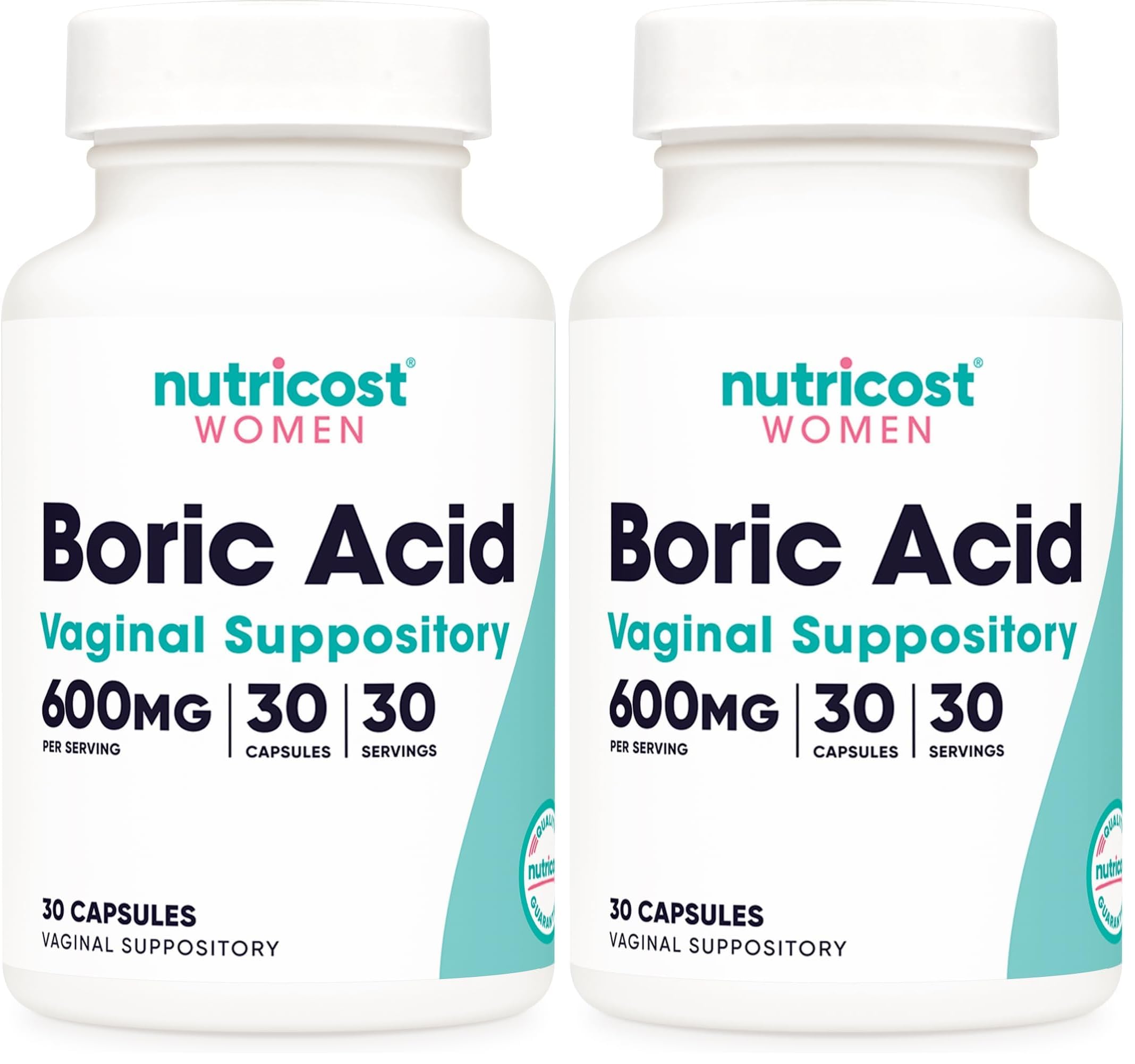 Nutricost Boric Acid 600mg, 30 Capsules - Vaginal Suppository - Non-GMO - for Women (Pack of 2)