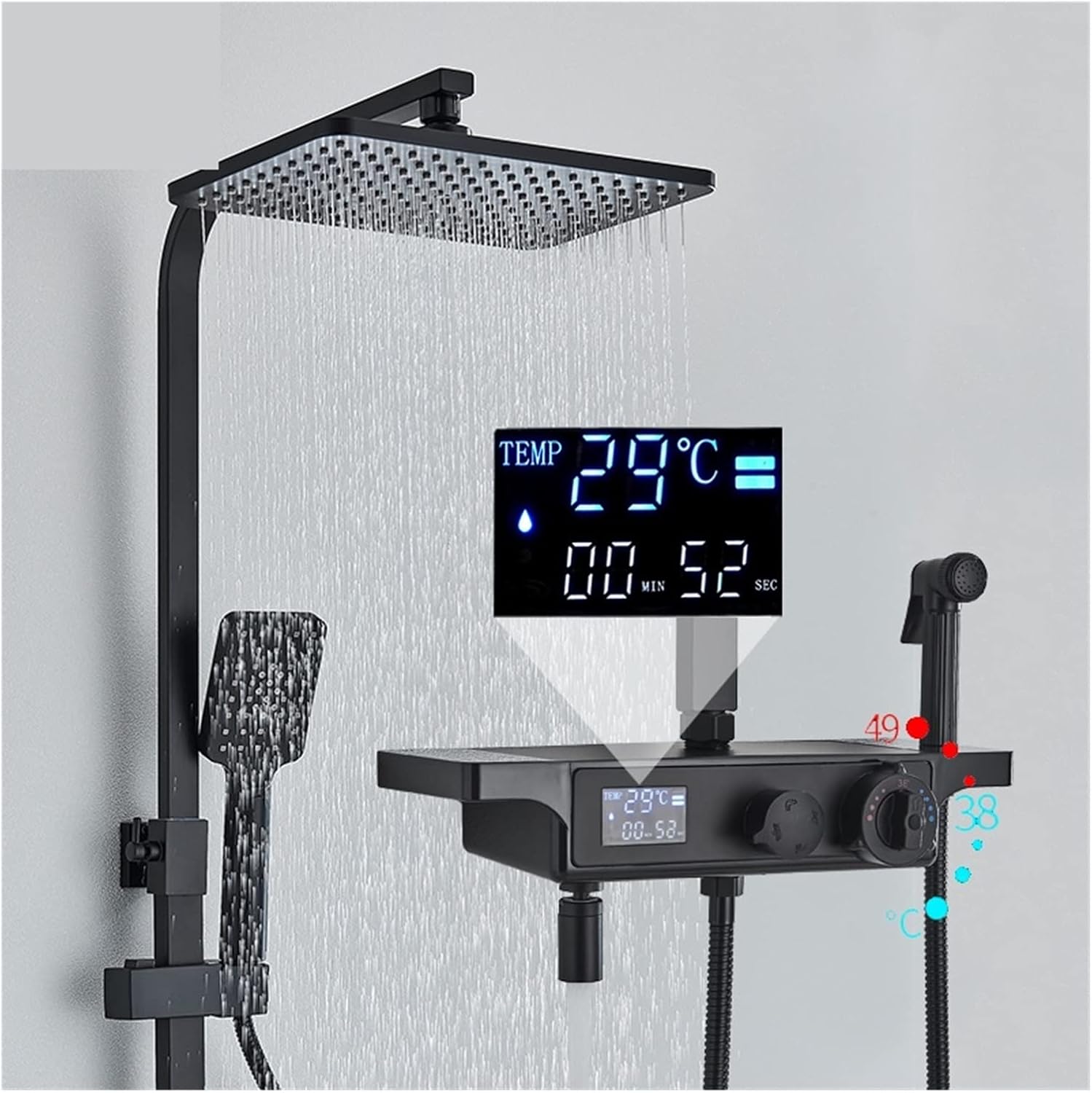 Shower Mixer Black Thermostatic Shower Faucet Digital Display Shower Set Bidet Faucet Rotate Bathtub Tap with Shelf Crane (Black Thermostatic A) (Chrome Hot Cold A)