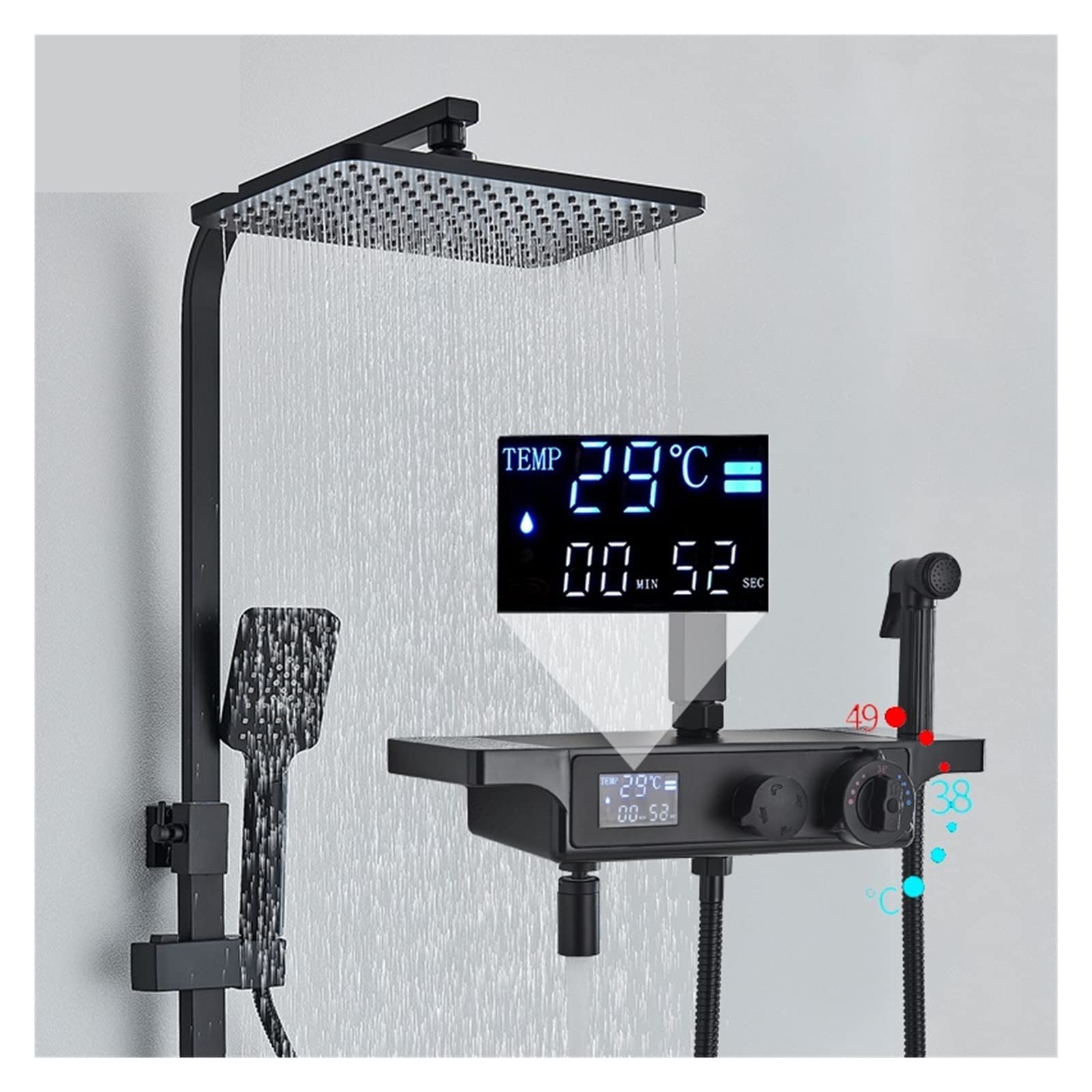 NGDFGR Shower Mixer Black Thermostatic Shower Faucet Digital Display Shower Set Bidet Faucet Rotate Bathtub Tap With Shelf Crane,Black Thermostatic-A