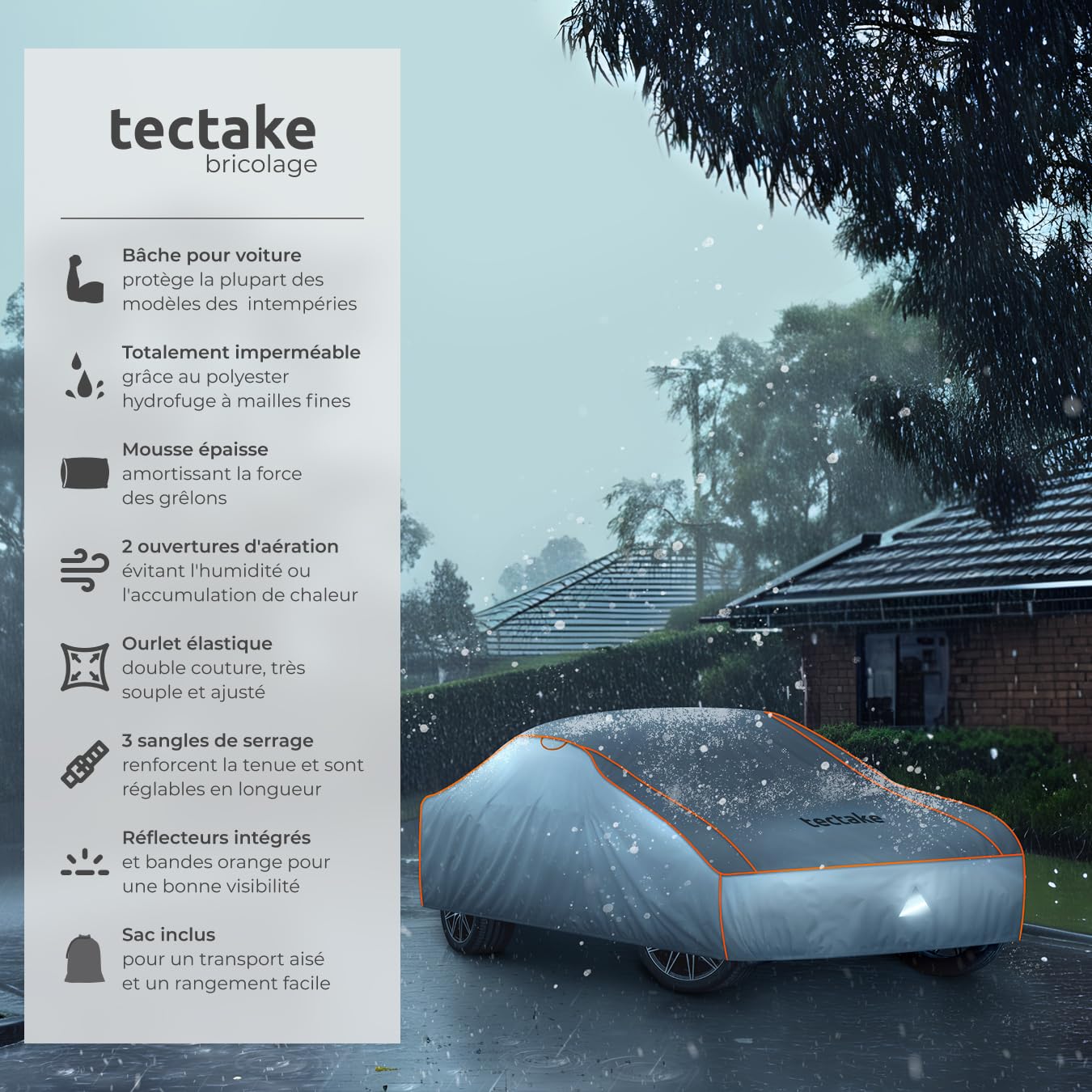 tectake® Bâche de protection pour Voiture Extérieur Bâche imperméable, Respirant, Housse de voiture Anti-grêle, Bandes réfléchissantes, Anti-UV, Anti-poussière, Anti-moisissure pour Petite voiture SUV