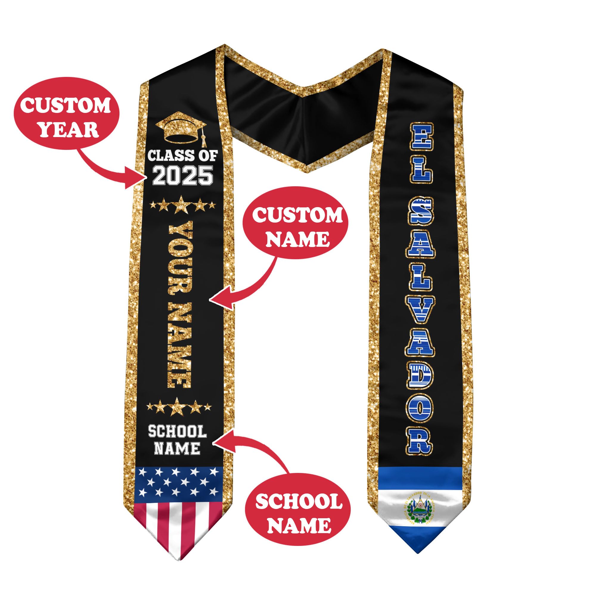 Yupify Salvadorans Graduation Sash, El Salvador Graduation Stole, Personalized Salvadorans American Flag Graduation Sash