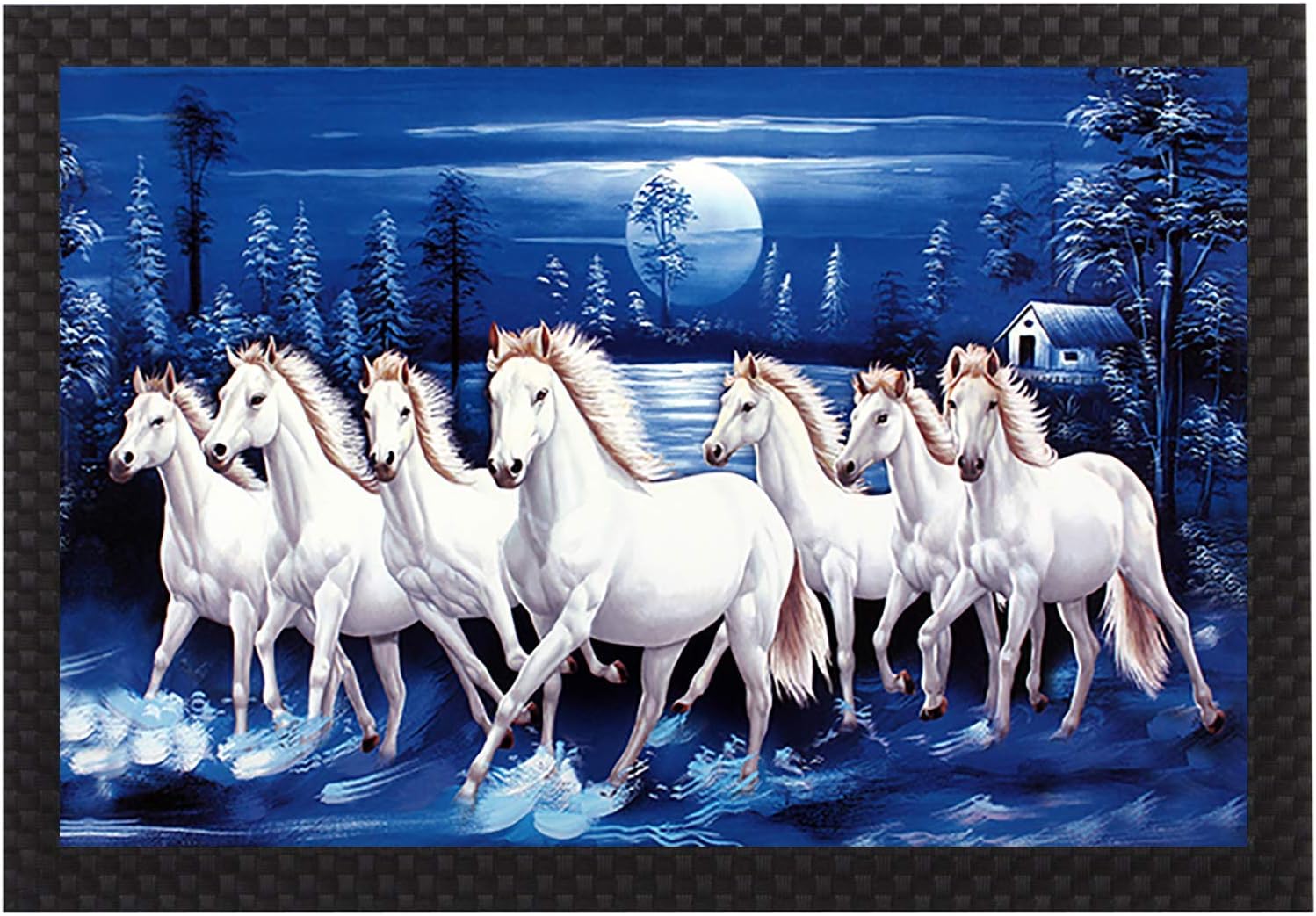 Saumic Craft Animals Theme - 7 Running Horses Sunrise Vastu Framed Painting (14 x 20 Inches, Medium) Multicolor