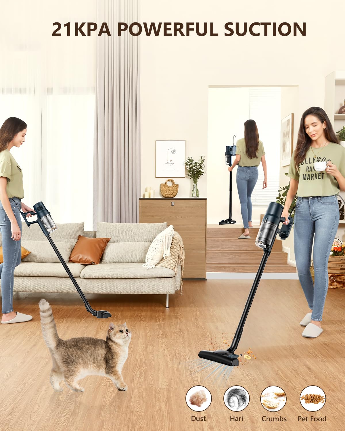 Kabelgebundener Staubsauger mit 21 KPa Tragbarer Staubsauger, Leistungsstarke Saugkraft, 6-in-1 Verstellbarer, Leichter Stabstaubsauger mit 2 HEPA-Filter für Hartböden & Teppich