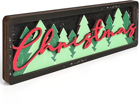 Vintage Christmas Decorations for Office, Home, Table, Mantel, Shelf, Desk, 3 1/2 x 11 Inch Retro Xmas Tree Sign, Wooden Christmas Decor Sign, Farmhouse Red and Green Decoration Trees