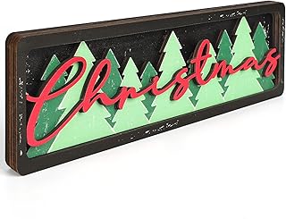 Vintage Christmas Decorations for Office, Home, Table, Mantel, Shelf, Desk, 3 1/2 x 11 Inch Retro Xmas Tree Sign, Wooden Christmas Decor Sign, Farmhouse Red and Green Decoration (Trees)