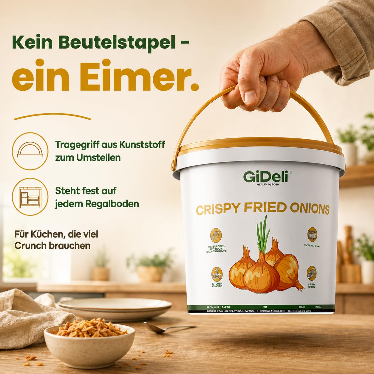 GiDeli Röstzwiebeln 5 kg im Eimer - Knusprig Geröstete Zwiebeln - Pommesgewürz, Burger Gewürz, Hot Dog - Zaubergewürz