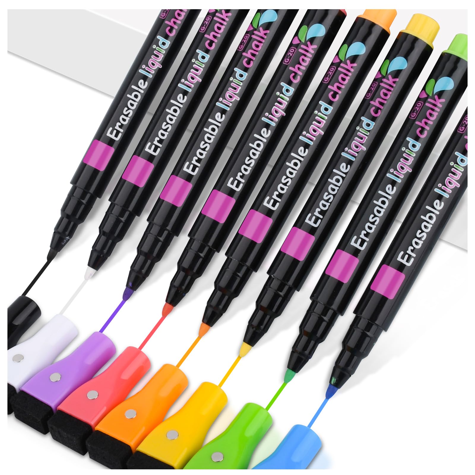 Magnetic Wet Erase Markers, Liquid Chalk Markers Ultra Fine Tip for Acrylic Calendar, Whiteboard Marker with Erasers Cap for Planning Board, Clear Glass, Low Odor Fine Tip Wet Wipe Pens, 8 Pack