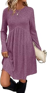 Long Sleeve Dress for Women Crew Neck Empire Waist Tunic Dress with Pockets